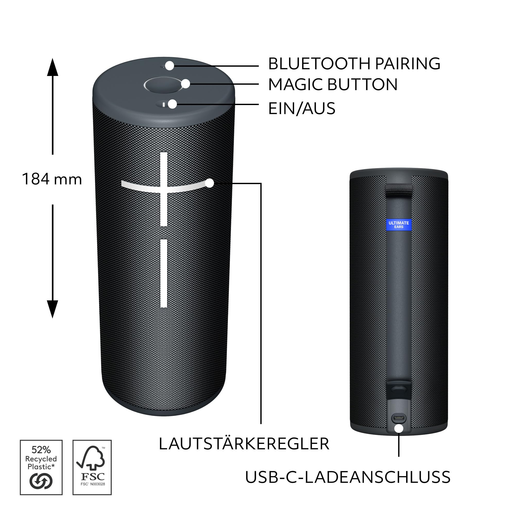 Ultimate Ears Boom 4 – mobiler, wasserdichter, schwimmfähiger Bluetooth-Lautsprecher mit kräftigem, intensivem, kristallklarem 360-Grad-Sound, 15-Stunden-Akku und 45m Reichweite - Schwarz