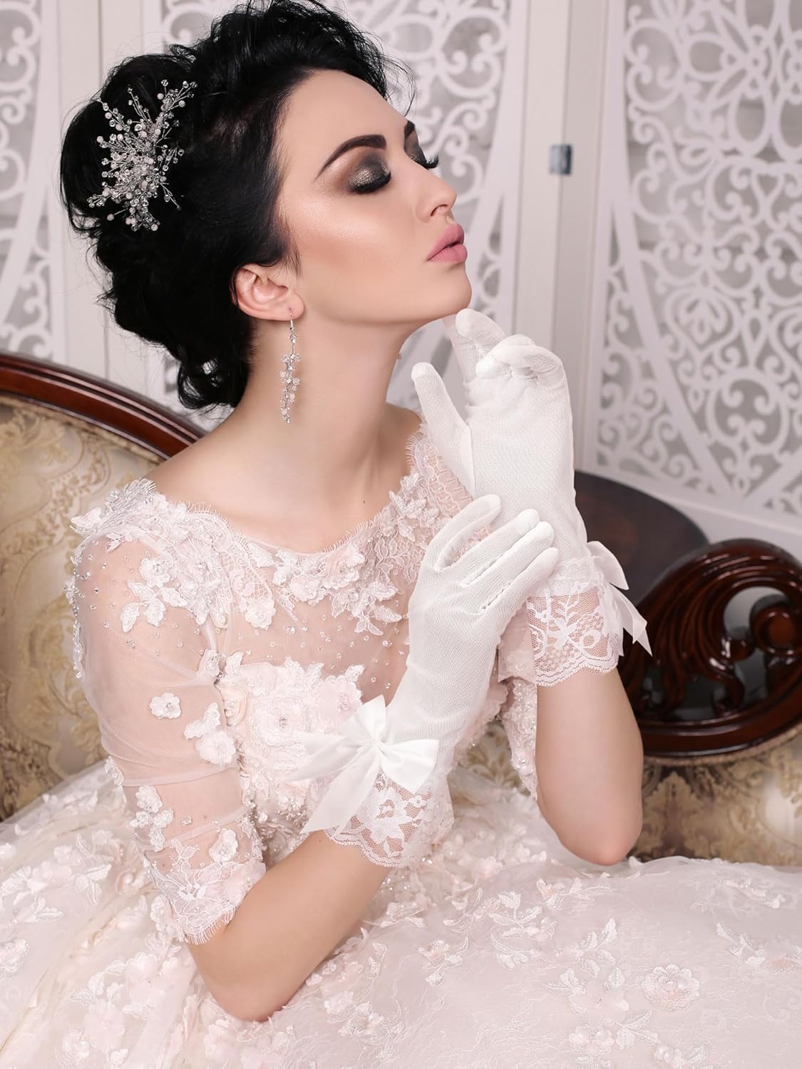 SATINIOR Women Lace Gloves Elegant Short Lace Tea Party Gloves for Women Dinner Party Wedding - Image 4