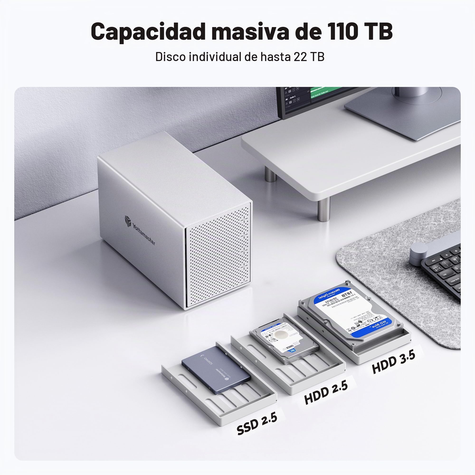 Yottamaster 5 Bahías Carcasa Discos Duros, Aluminio Esterno Hard Disk 3.5″/2.5″ SATA HDD, Ventilador silencioso 80 mm - USB3.0 a SATA3.0 6Gbps Soporta 4x22TB