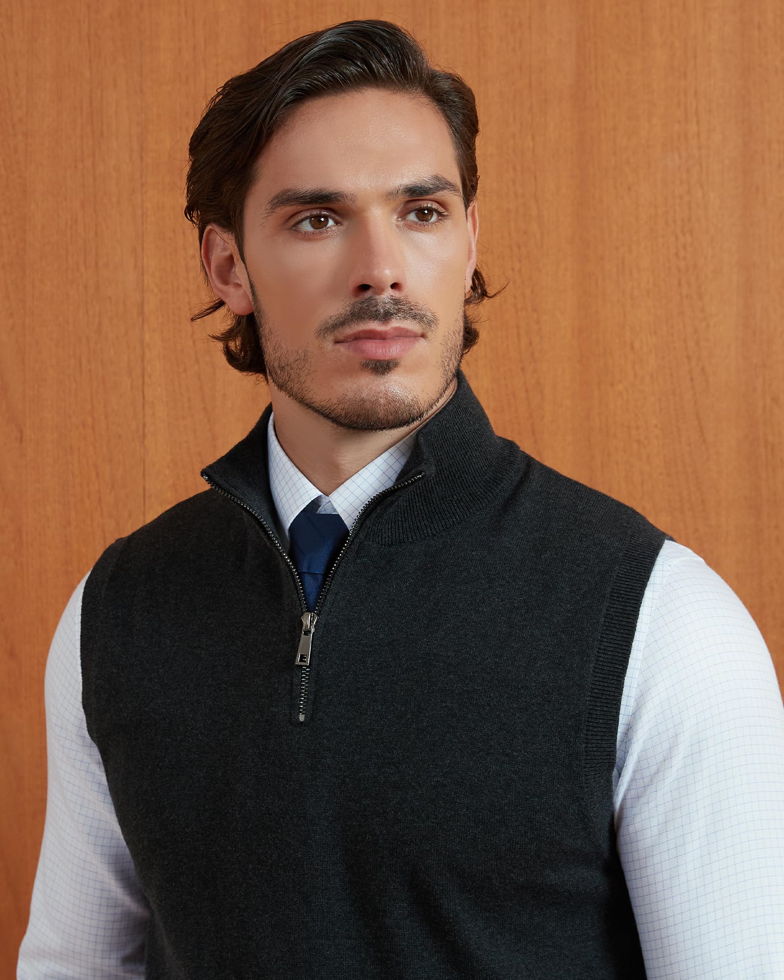 Kallspin Pullover para Hombres de Puro algodón Temporada con Cremallera Cuello Alto Tejido sólido Business sin Mangas Chaleco