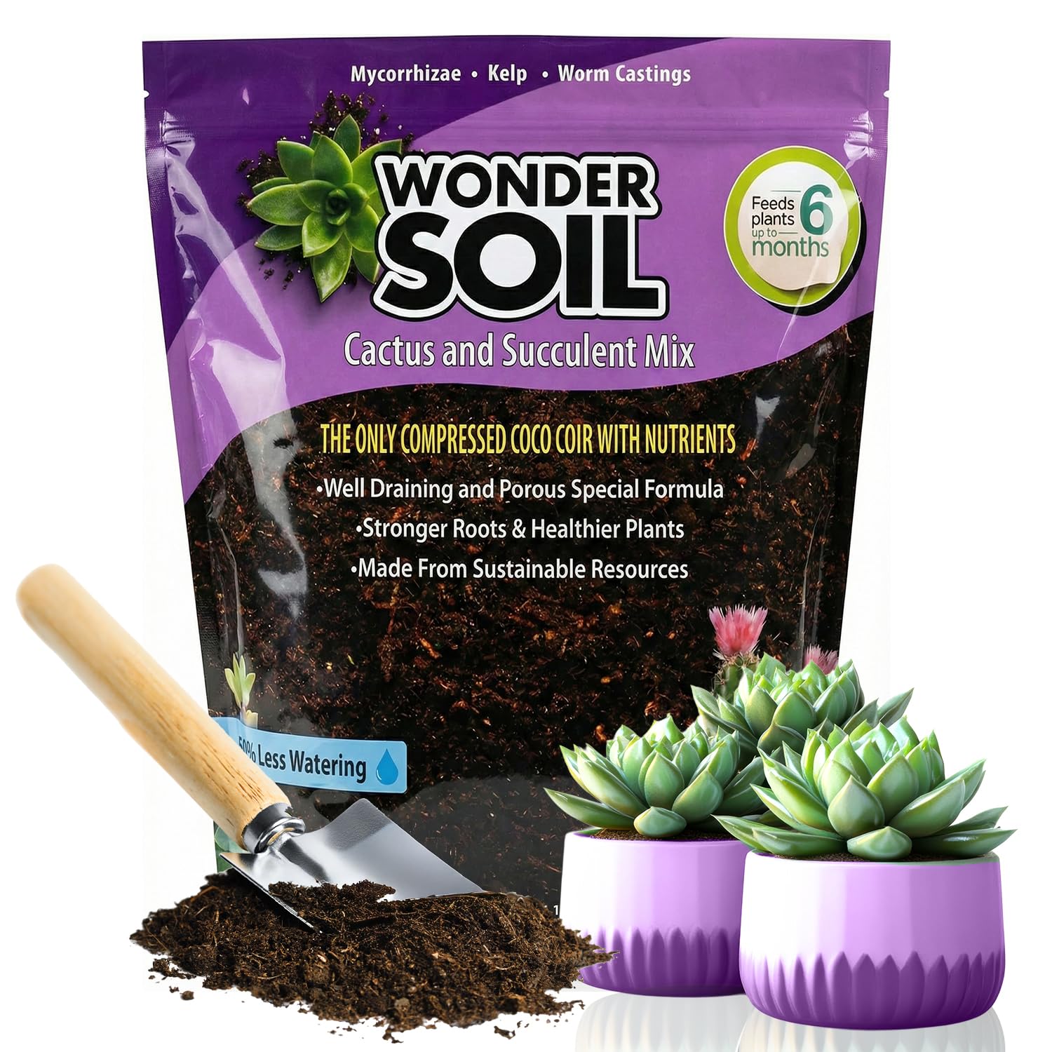 WONDER SOIL | Organic Cactus & Succulent Soil Mix (12 Quarts) | Fast Draining Living Coco Coir Loaded w/Nutrients | Ready to Plant Indoor/Outdoor Peat-Free Potting Soil | 3 LB Expands to 12 Quarts