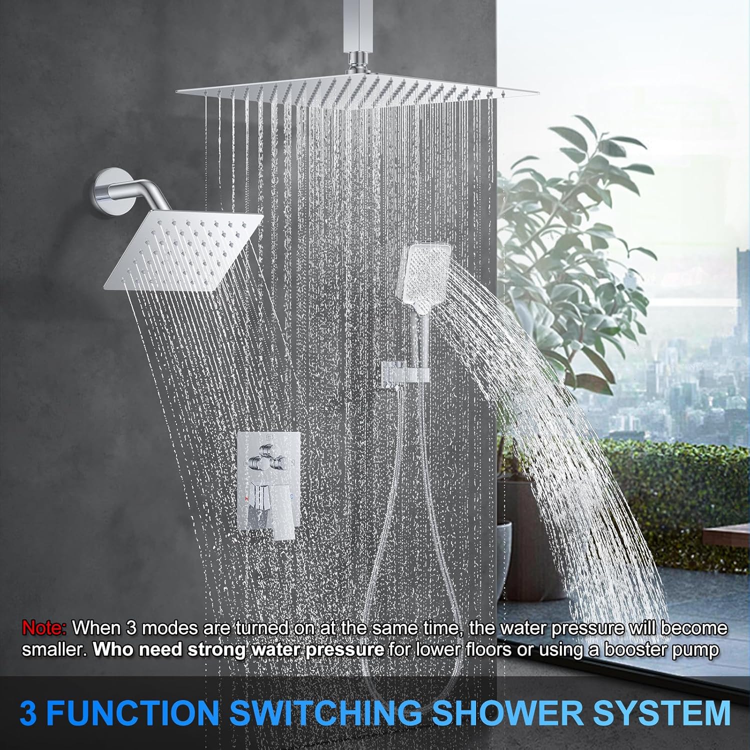 Shower Faucet Set, 12" Ceiling Mount Rainfall Shower System with 2 Rain Shower Head and Multi-function Handheld Head Push Button Diverter Shower Faucet Trim Kit (12", Polished Chrome)