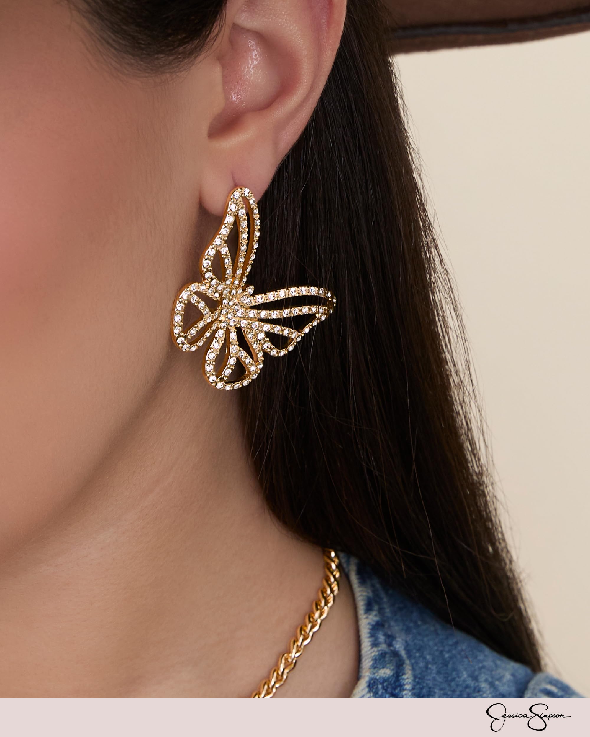 Jessica Simpson Butterfly Statement Earrings for Women – Gold-Tone Crystal Rhinestone Dangle Earrings – Glam Sparkly Jewelry