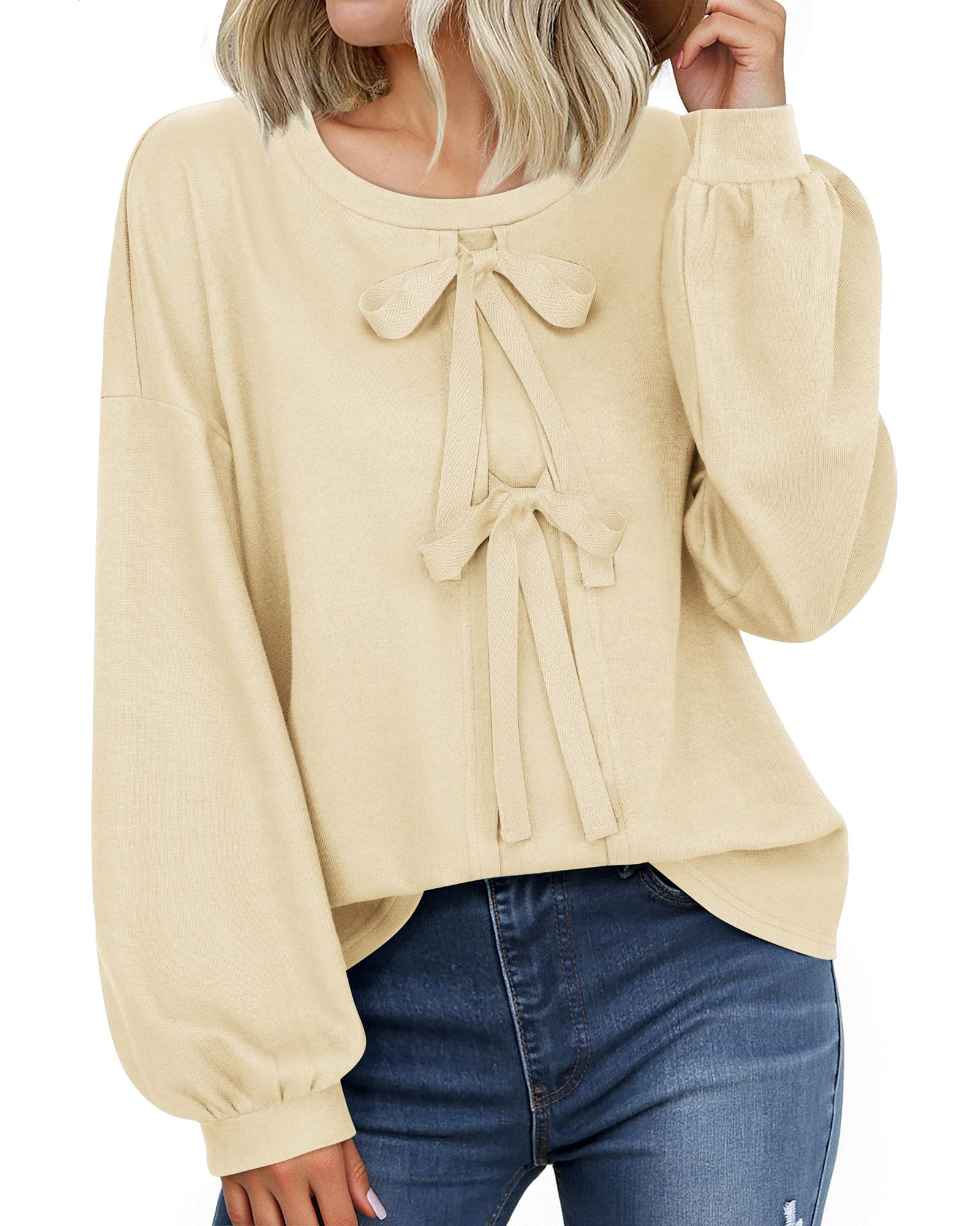 Vivilli Women's Tie Front Knit Tops Long Lantern Sleeve Shirts Crewneck Sweatshirts A-Line Patchwork Fall Fashion Tunic