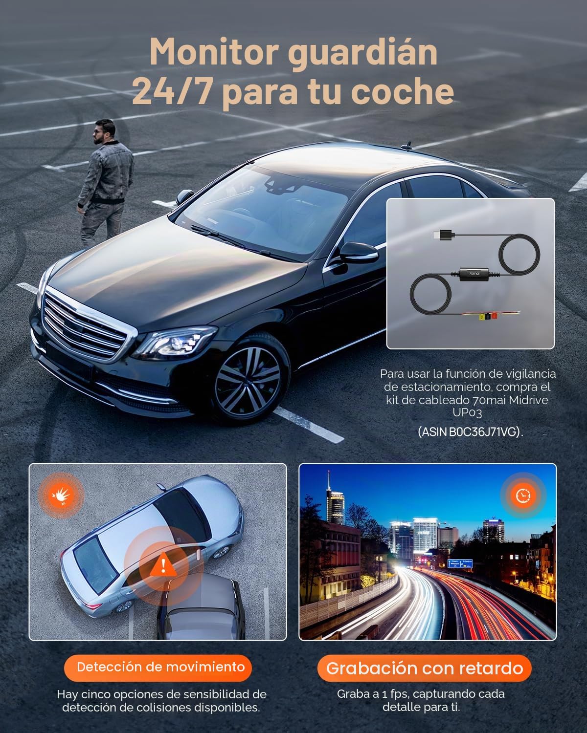 70mai A800SE Dashcam Coche Delantero Trasero 4K HDR 2160P+1080P, Dual Cámara de Coche 3" IPS, Apertura F1.55 Visión Nocturna, Buffer de 210 Segundos Grabación Previa de Emergencia, Monitoreo de