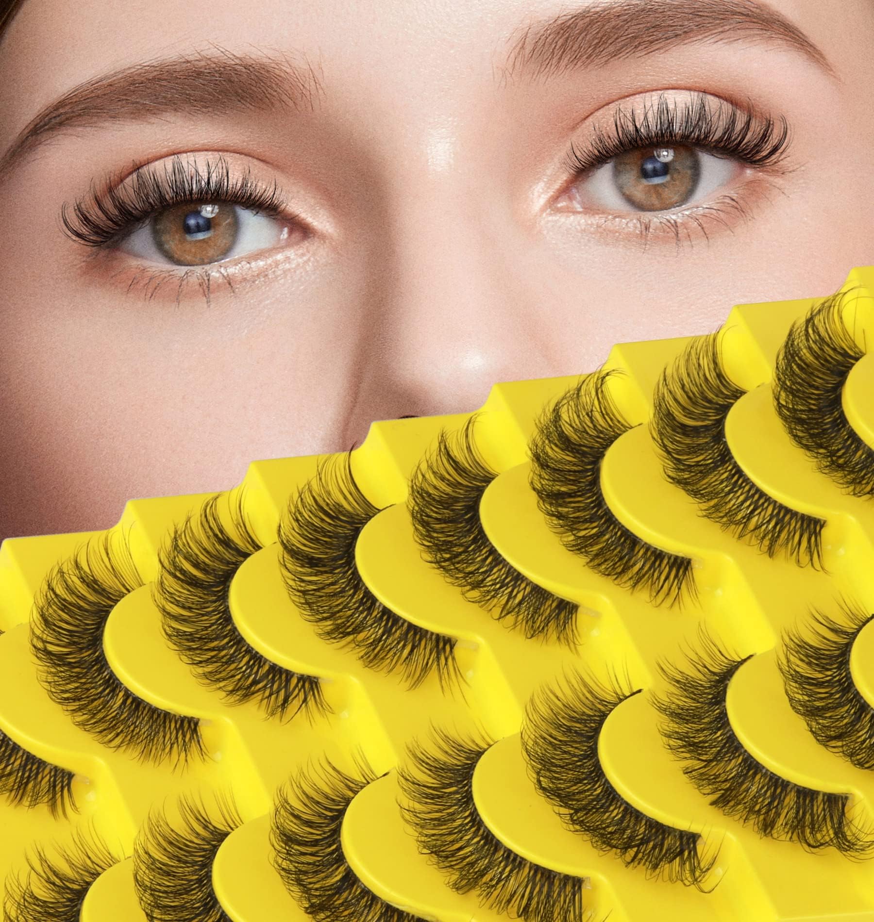 False Eyelashes Natural Cat Eye Russian Strip Lashes Wispy D Curl Look Like Eyelash Extension Clear Band Soft Fake Eyelashes Pack