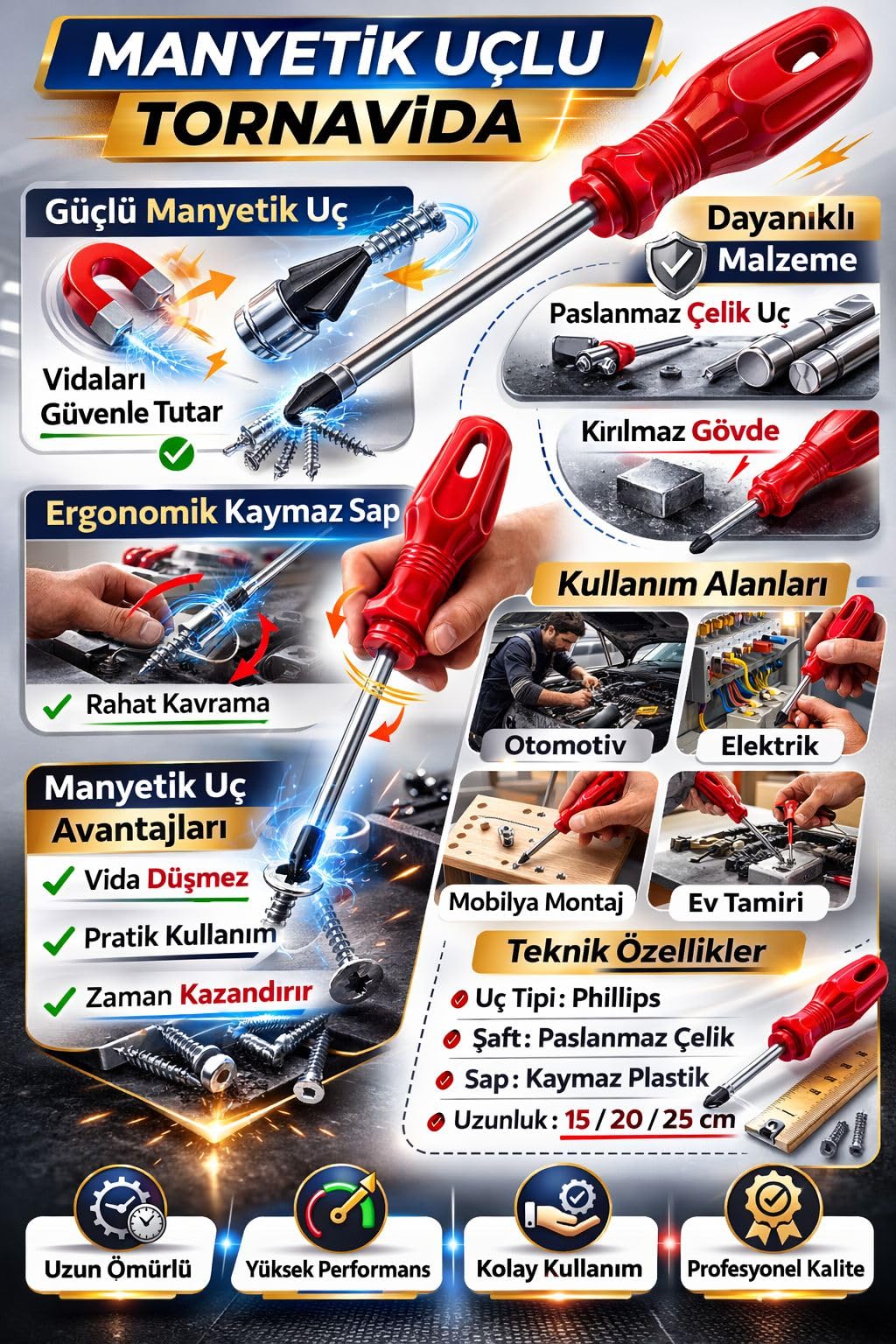 Profesyonel Manyetik Yıldız Tornavida PH2 6+125 mm, Yüksek Tork