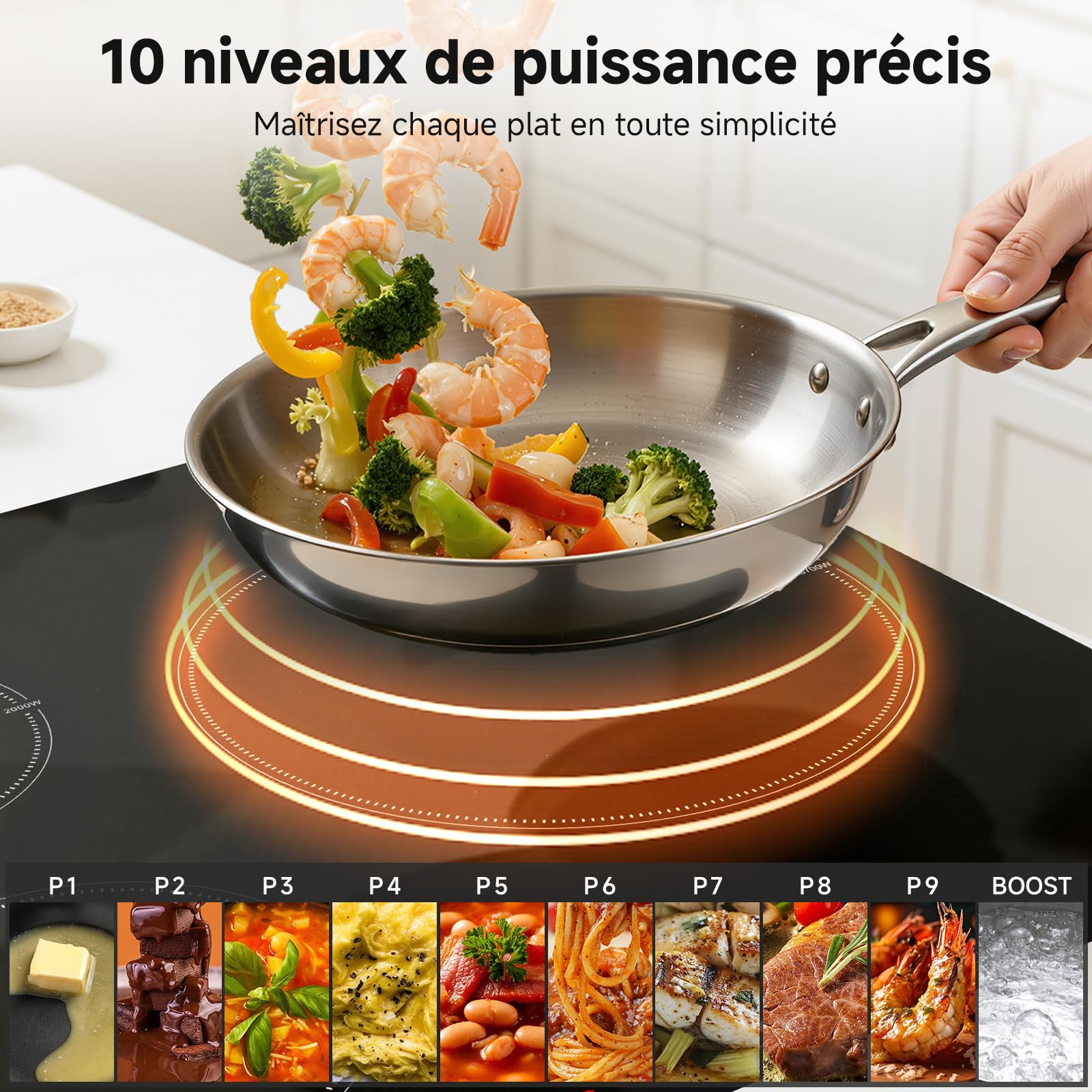AMZCHEF Plaque Induction 3 feux 7400W avec 9 Niveaux de Puissance et Fonction Boost, Sécurité