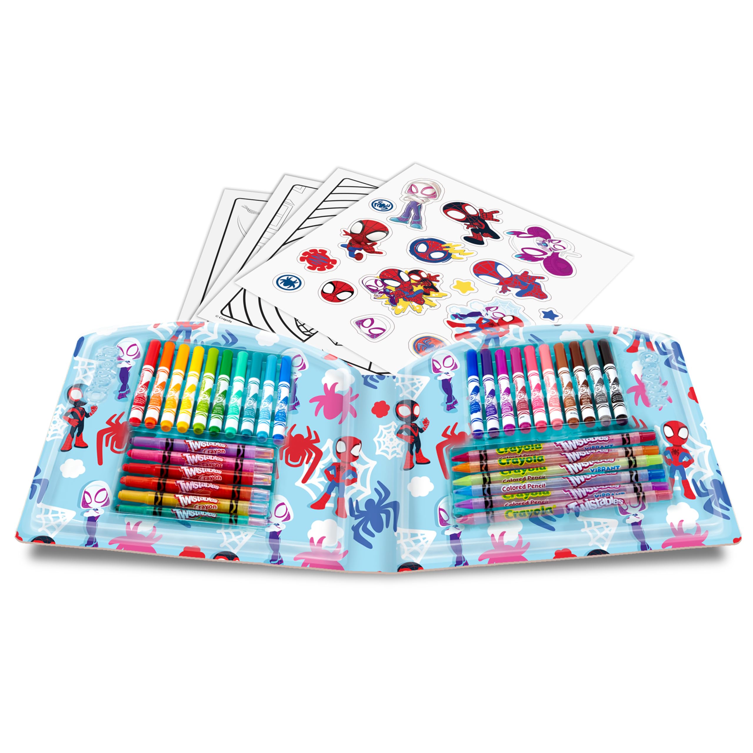 Crayola - Walizka kreatywna Spidey, 40 elementów, przenośny zestaw do kolorowania zawierający zmywalne flamastry, kredki ołówkowe, kredki świecowe, strony do kolorowania i naklejki, 04-4017