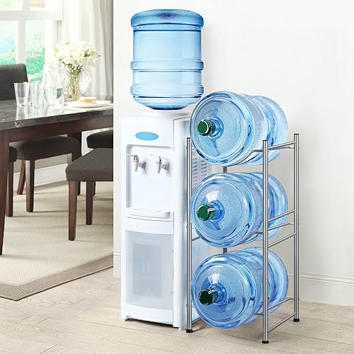 Miniatura 6 de MOOACE Estante para jarra de agua de 3 niveles, soporte desmontable para botellas de agua de 5 galones, estante de almacenamiento, color plateado