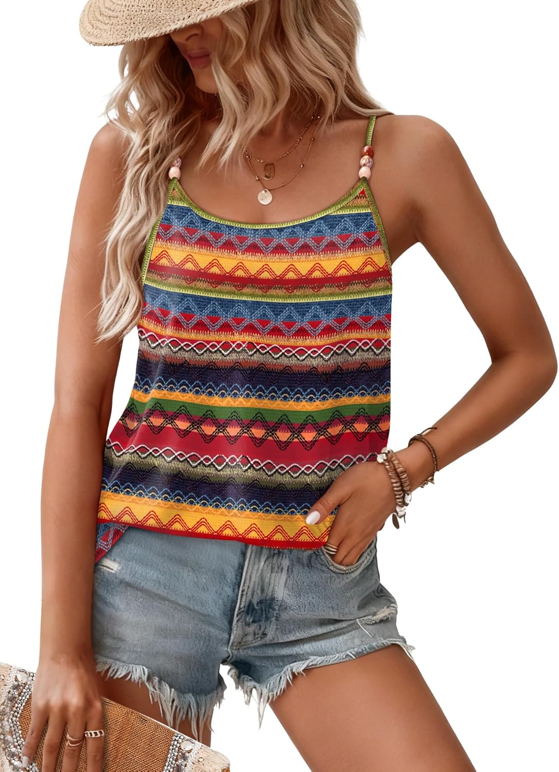 WIHOLL Tank Tops for Women Trendy Flowy Spaghetti Strap Cami Beach Vacation Clothes Sleeveless Womens Summer Tops Loose Fit Camisole Plus Size Boho Stripe Print 2XL