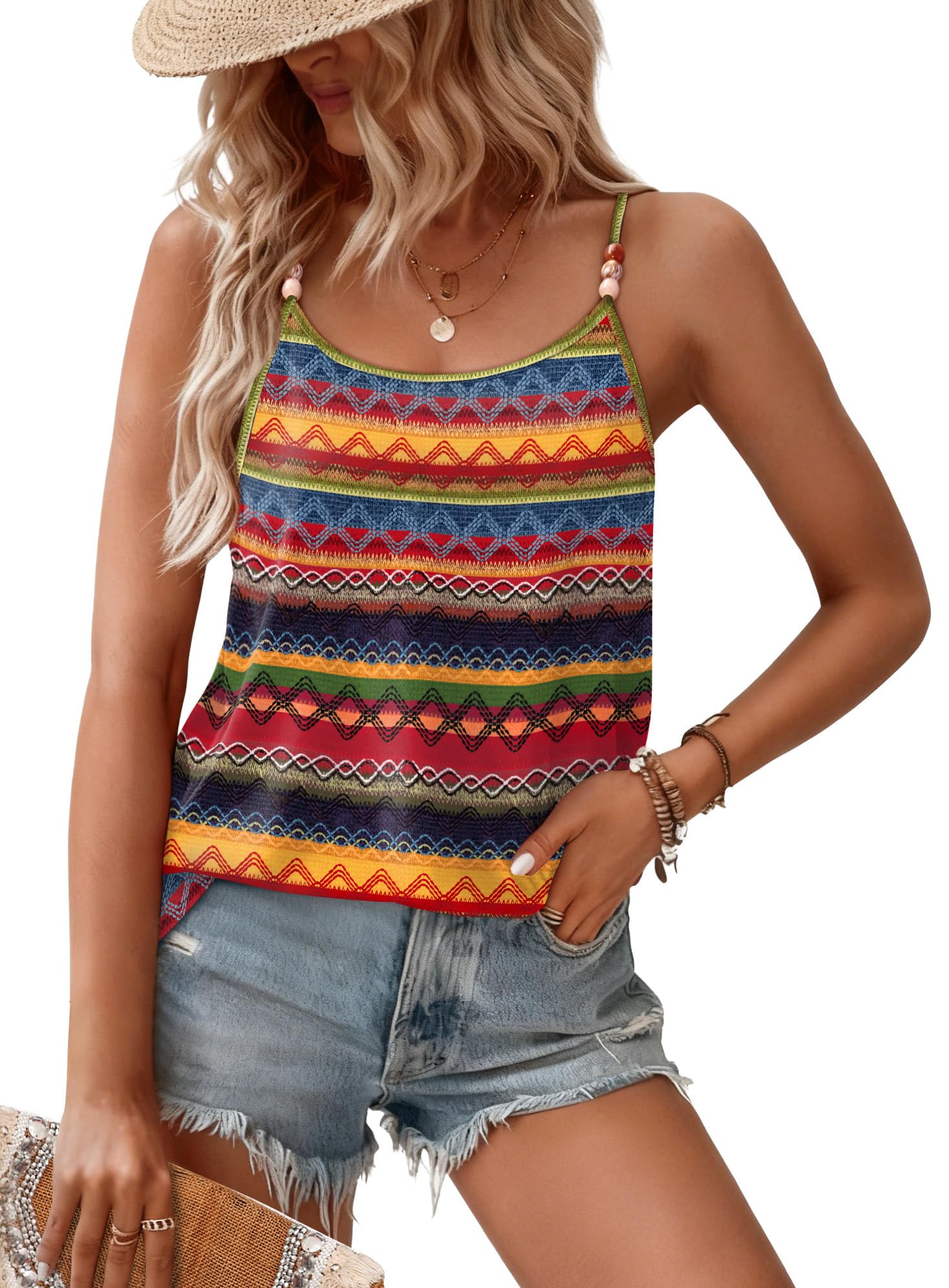 WIHOLL Tank Tops for Women Beaded Spaghetti Strap Cami Flowy Scoop Neck Sleeveless Summer Beach Vacation Spring Clothes
