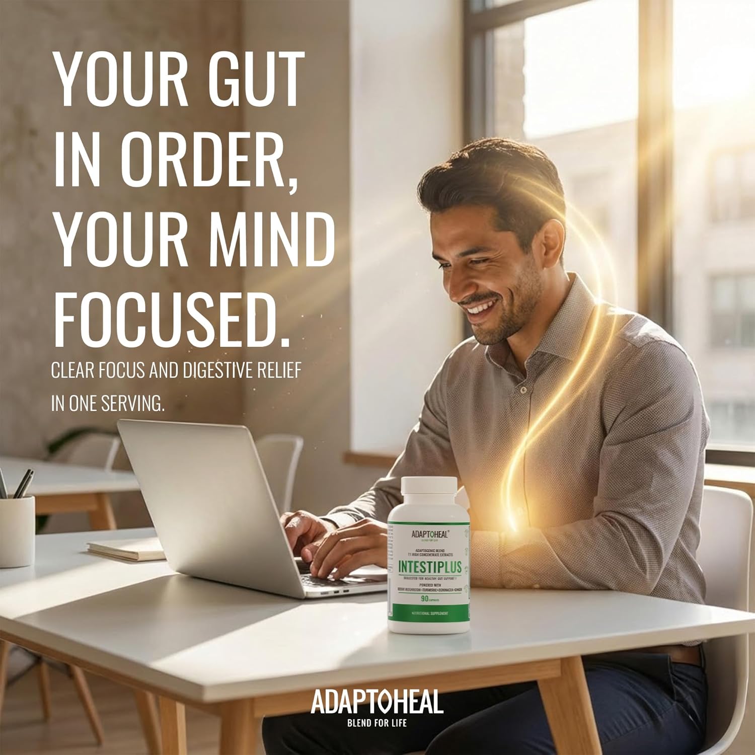 ADAPTOHEAL Intestiplus - Adaptogenic Supplement Formulated to Care for The Intestinal mucosa, Microbiota Balance and Daily Digestion with Reishi Mushroom, Turmeric, Echinacea and Ginger (90 Capsules)