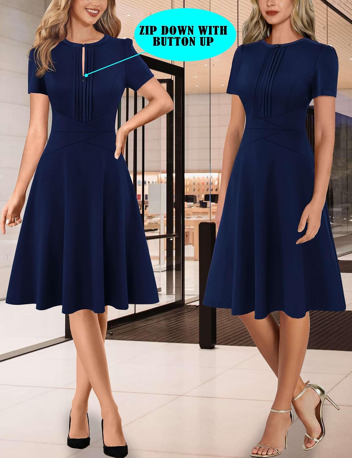 VFSHOW Womens Summer Work Business Dresses Pleated Crew Neck Front Zipper Button Office Slim A-line Fit and Flare Dress