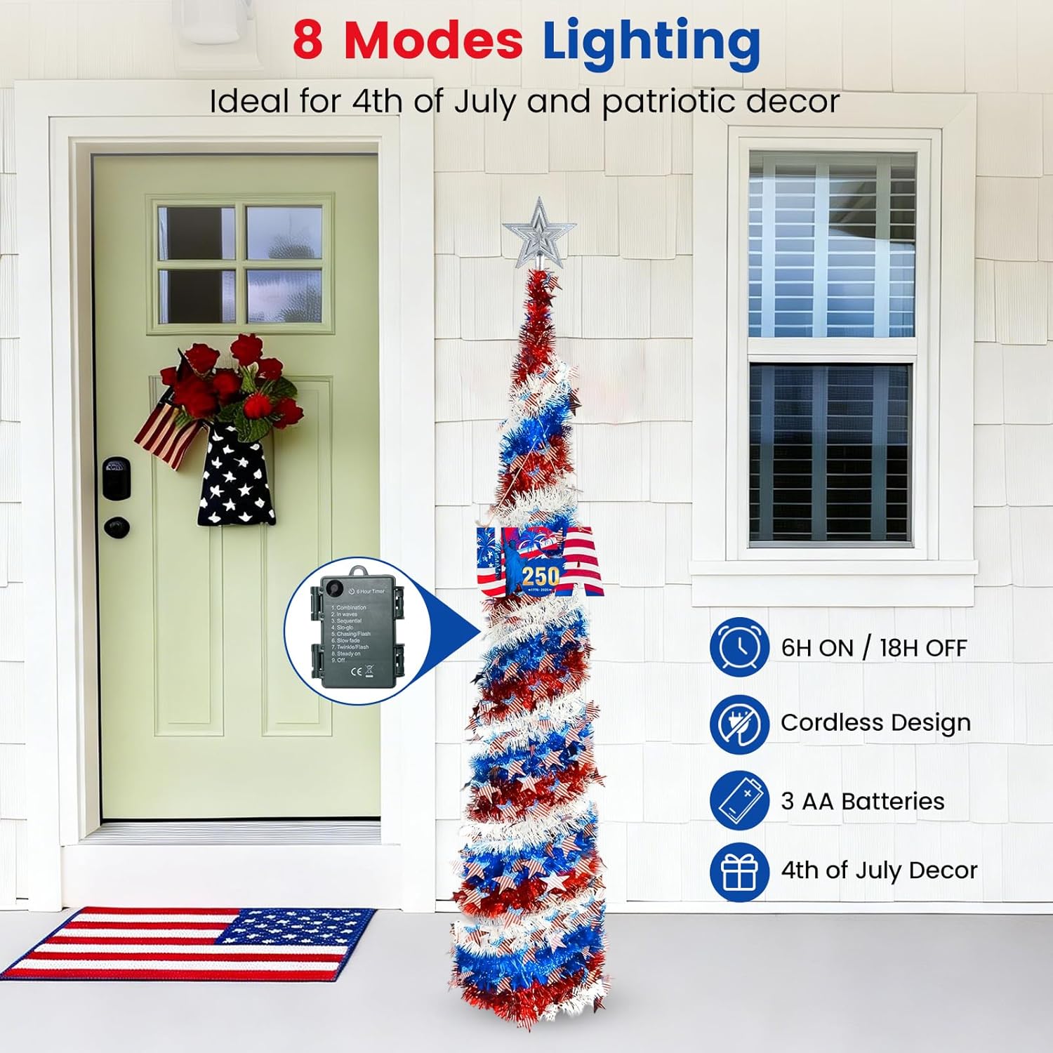 4th of July Decorations Pop Up Tinsel Tree 5FT, Patriotic Pencil Tree with 50 LED Battery Operated Lights & Timer, Collapsible Independence Day Tree with Star Topper & USA 250th Anniversary Sign, Red
