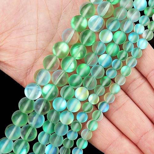Miniatura 4 de Cuentas de cristal Aurora aguamarina mate, cuentas sueltas redondas de sirena brillante con purpurina esmerilada de 0.315 pulgadas, piedra lunar