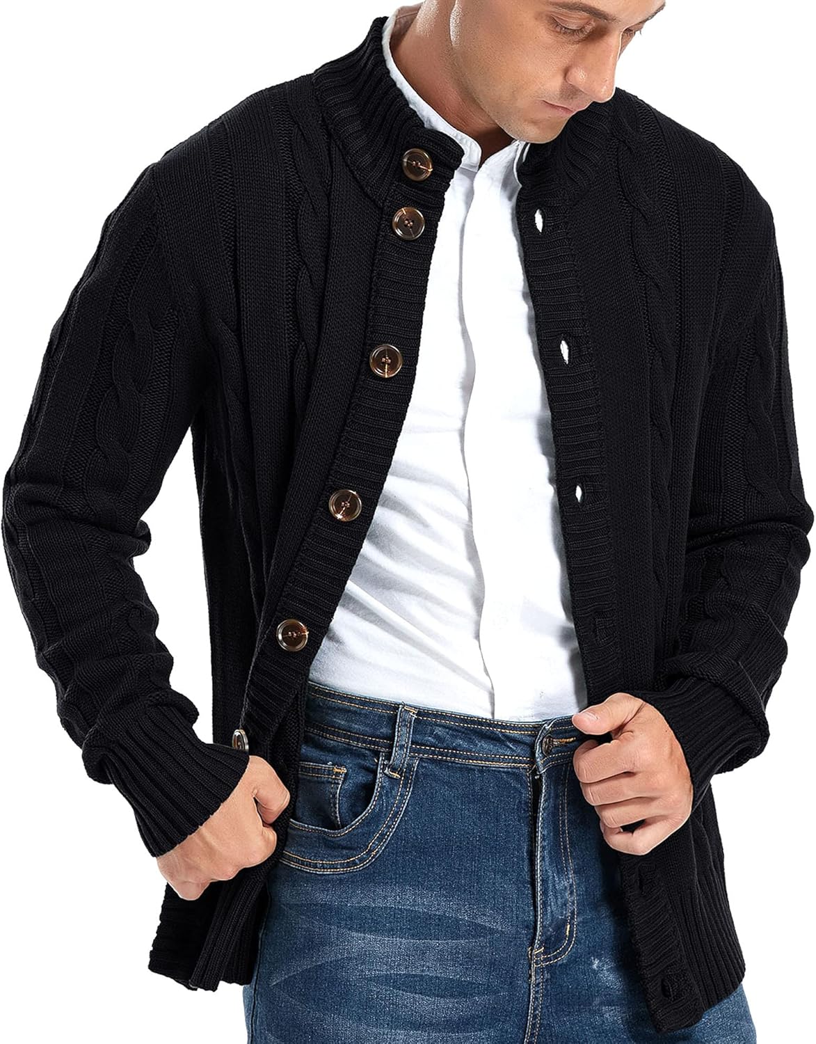 Aimeilgot Mens Fashion Casual Slim Fit Button Down Cable Knitted Stand Collar Cardigan Sweater - Image 4