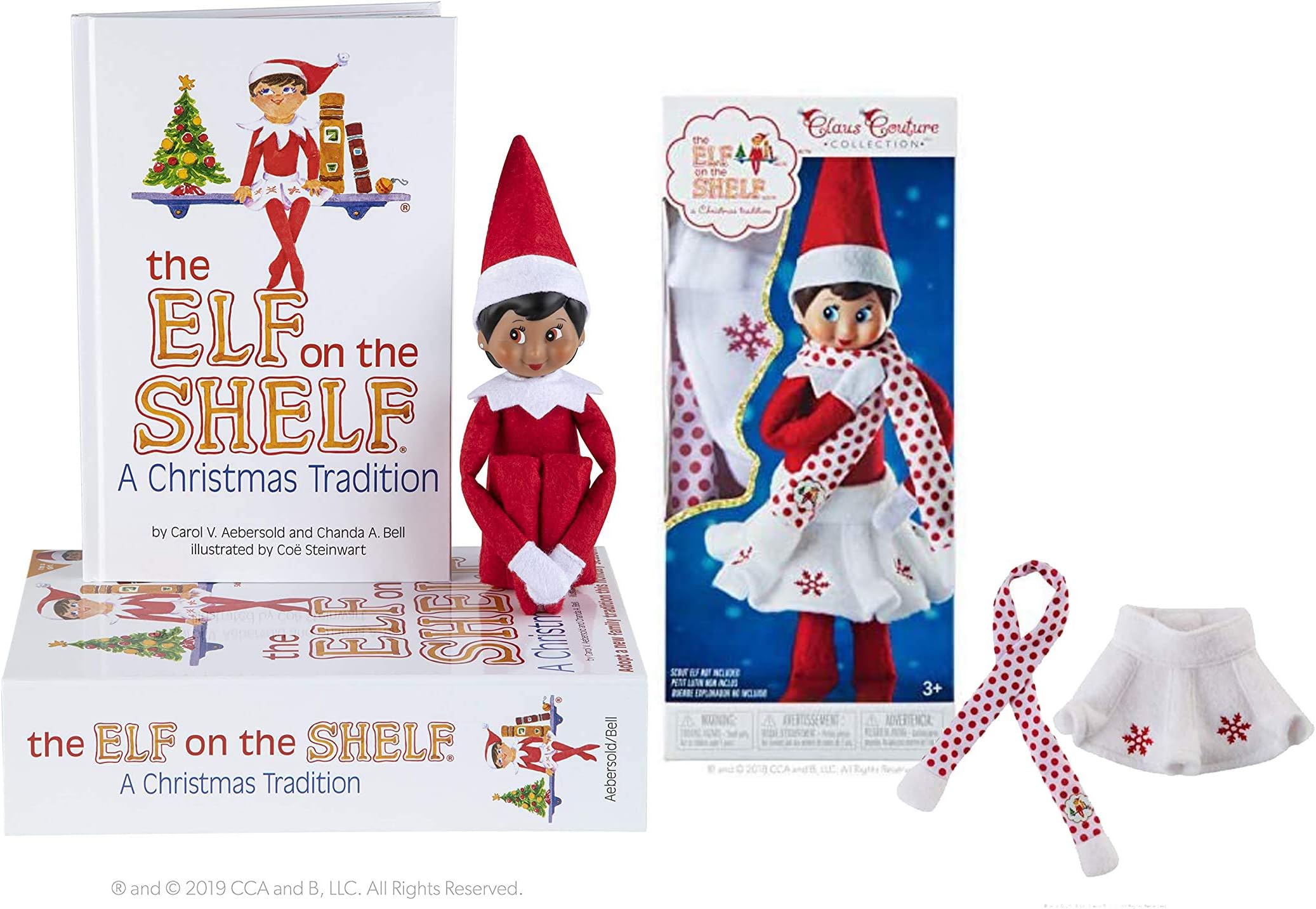 A Christmas Tradition Girl Scout Elf (Brown Eyed) with Claus Couture Collection Snowflake Skirt & Scarf Outfit