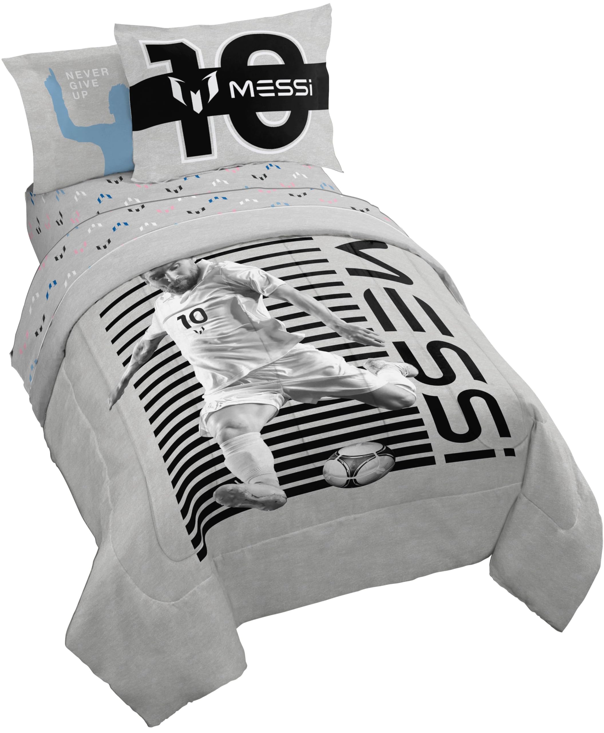 Jay Franco Kids Comforter Set Includes Sheets and Pillow Cover - Soft and Cozy Bed Set for Stylish Room Décor, Grey - Messi, 7 Piece Full
