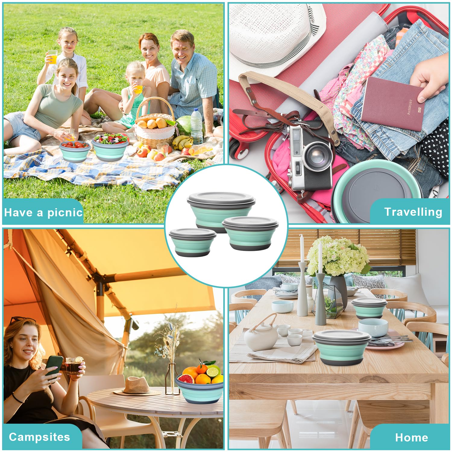 2 Ciotole Pieghevoli In Silicone Per Campeggio - 350ml Con Coperchio - Per Escursionismo E Picnic - Foto 5