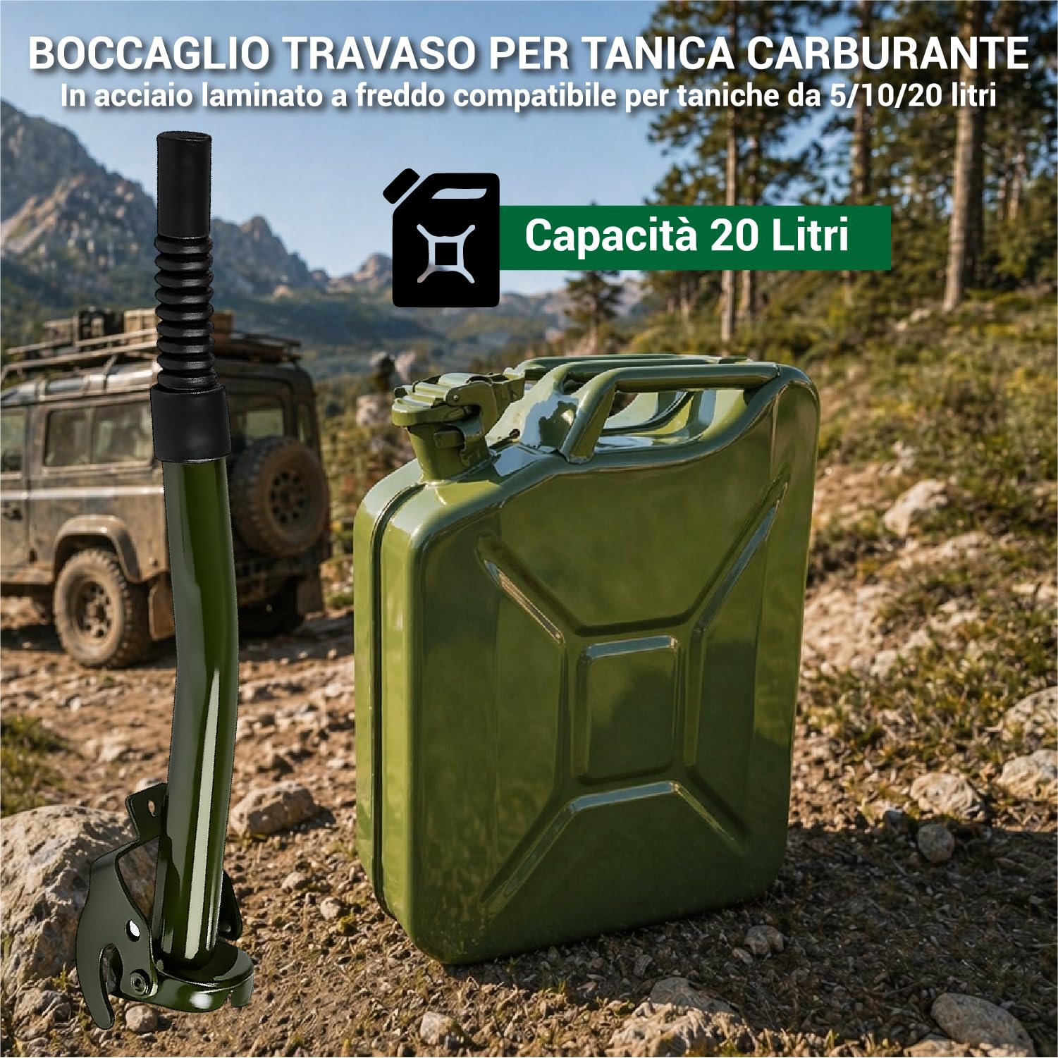 Crisalide® - Bidón de combustible de acero, 5 l, 10 l, 20 l con boquilla de transporte, homologado para transporte de gasolina y gasóleo, antioxidante, cierre hermético, bidón de gasolina de metal (20