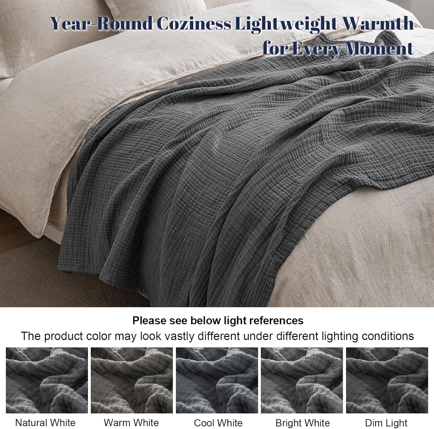 PHF 100% Cotton Muslin Throw Blanket 50" x 60", 4-Layer Lightweight Gauze Throw, Breathable Cloud-Soft Minimalist Blanket for Bed, Couch, Camping & Baby, Greyish Black, Ideal Gift - Image 6