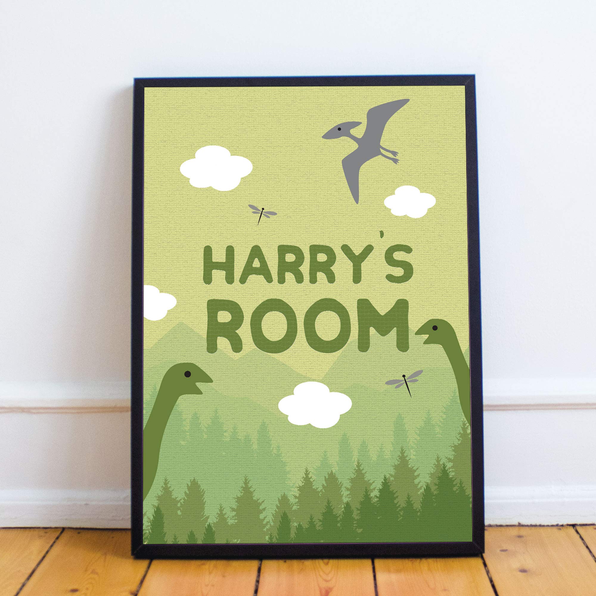 RED OCEAN Boys Bedroom Dinosaur Prints Dinoasaur Wall Art Nursery Accessories For Boys Bedroom Decor (A4 Print with Black Frame - PERSONALISED Room Sign Dinosaur Green)