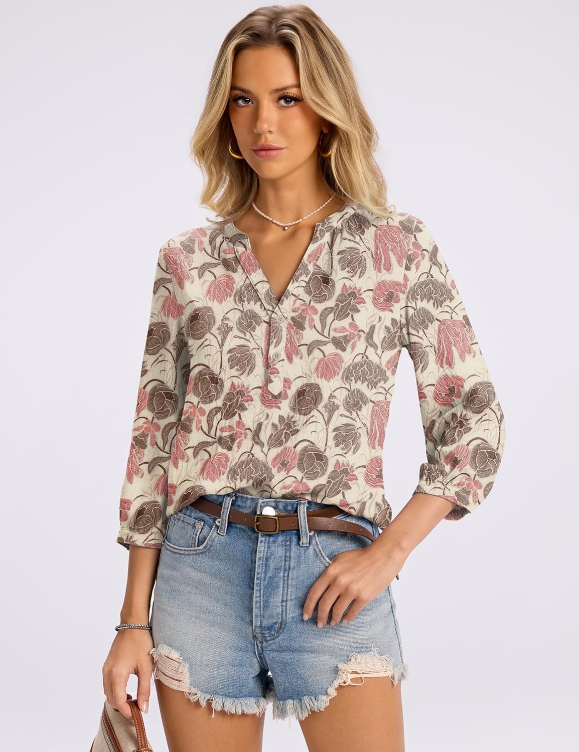 LOMON Womens Tops Dressy 3/4 Length Sleeve Henley V Neck Button Down Shirts Pleated Blouses S-XXL - Image 5