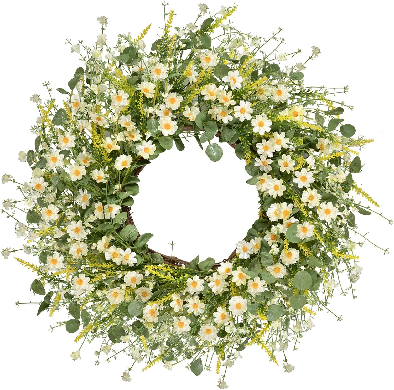 LSKYTOP 24 Inches Artificial Daisy Flower Wreath with Eucalyptus Leave Silk Flower White Berries Spring Summer Wreath for Front Door Wall Decor