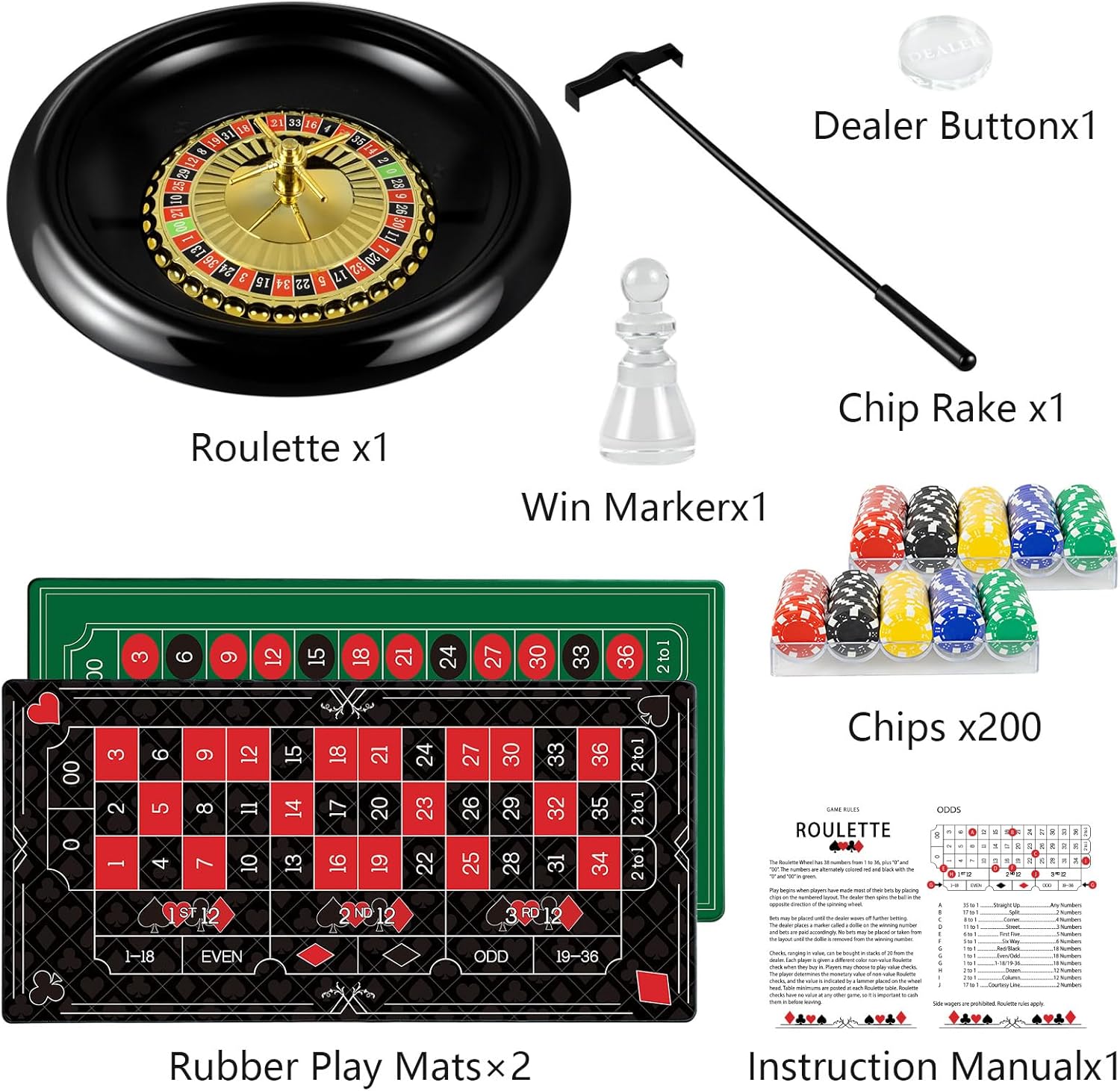 16 Inch Roulette Wheel Game Set Include Black Roulette Wheel,47.2" x 23.6" Anti-slip Rubber Game Mat x2, 200 Chips, Chip Rake, Win Marker, Dealer Button, Instruction Manual,Storage Box (Style 1)