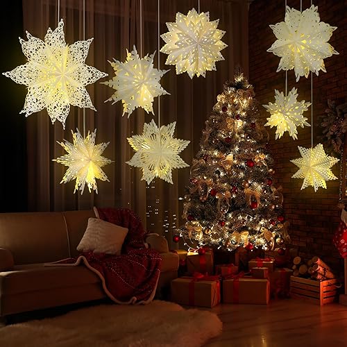 Miniatura 8 de Mudder 10 faroles de papel de copo de nieve con 14 luces LED, lámpara de papel de congelado, decoración colgante para Navidad, bodas, Año Nuevo,