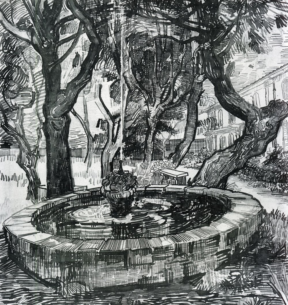 Lámina de Van Gogh Fountain in The Garden pequeña con marco marrón de calidad de archivo