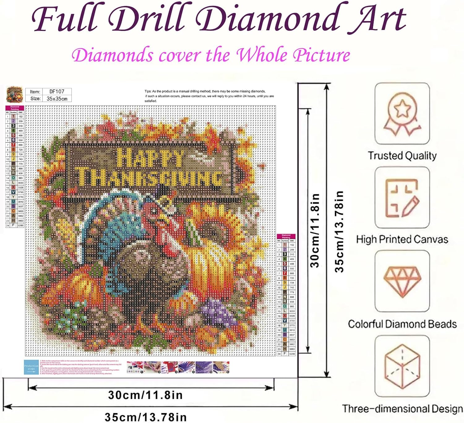 DIYDECORFUN Thanksgiving Turkey Diamond Painting Kits for Adults, 5D Fall Diamond Art Kits for Beginners, Full Round Drill Diamond Dot Painting Gem Art Kits,Home Wall Decor 13.8x13.8 Inch
