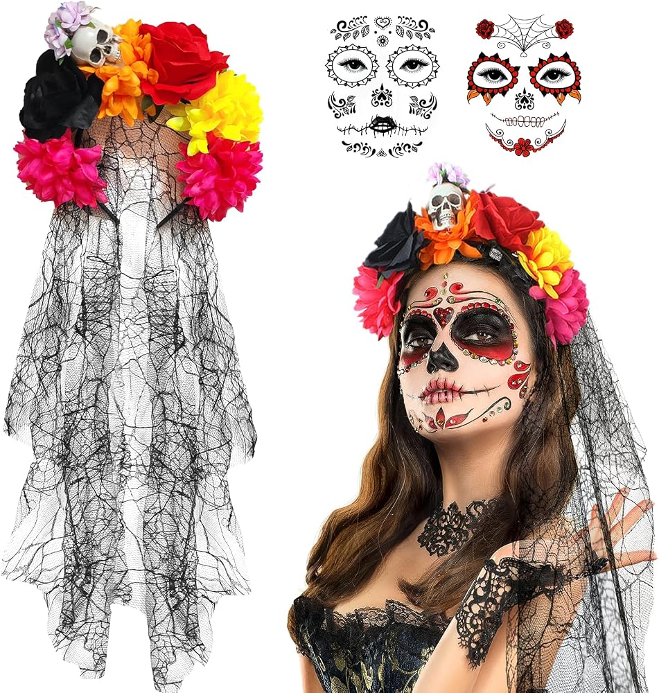 Serre-Tête Squelette Fleurs Jour Des Morts - Accessoire Halloween Et Carnaval Noir