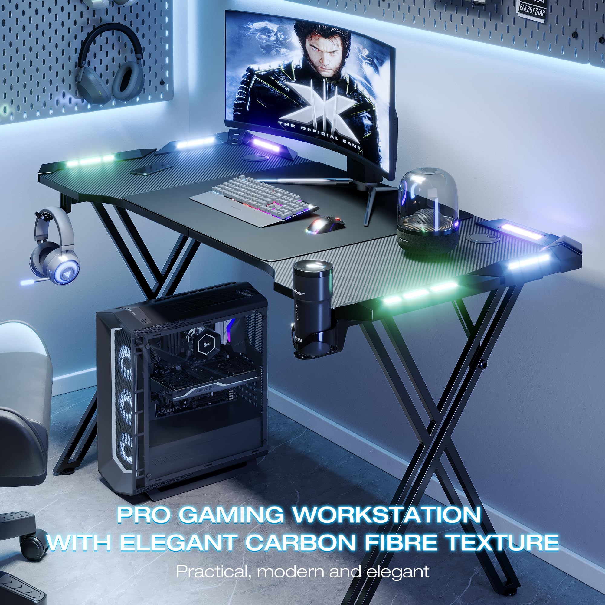 XMTECH 120 x 60 cm Gaming Schreibtisch, LED Gaming Tisch PC Tisch, X Rahmen mit Kohlefaseroberfläche Stabil, Gamer Tisch mit Getränkehalter und Kopfhörerhaken, Schwarz