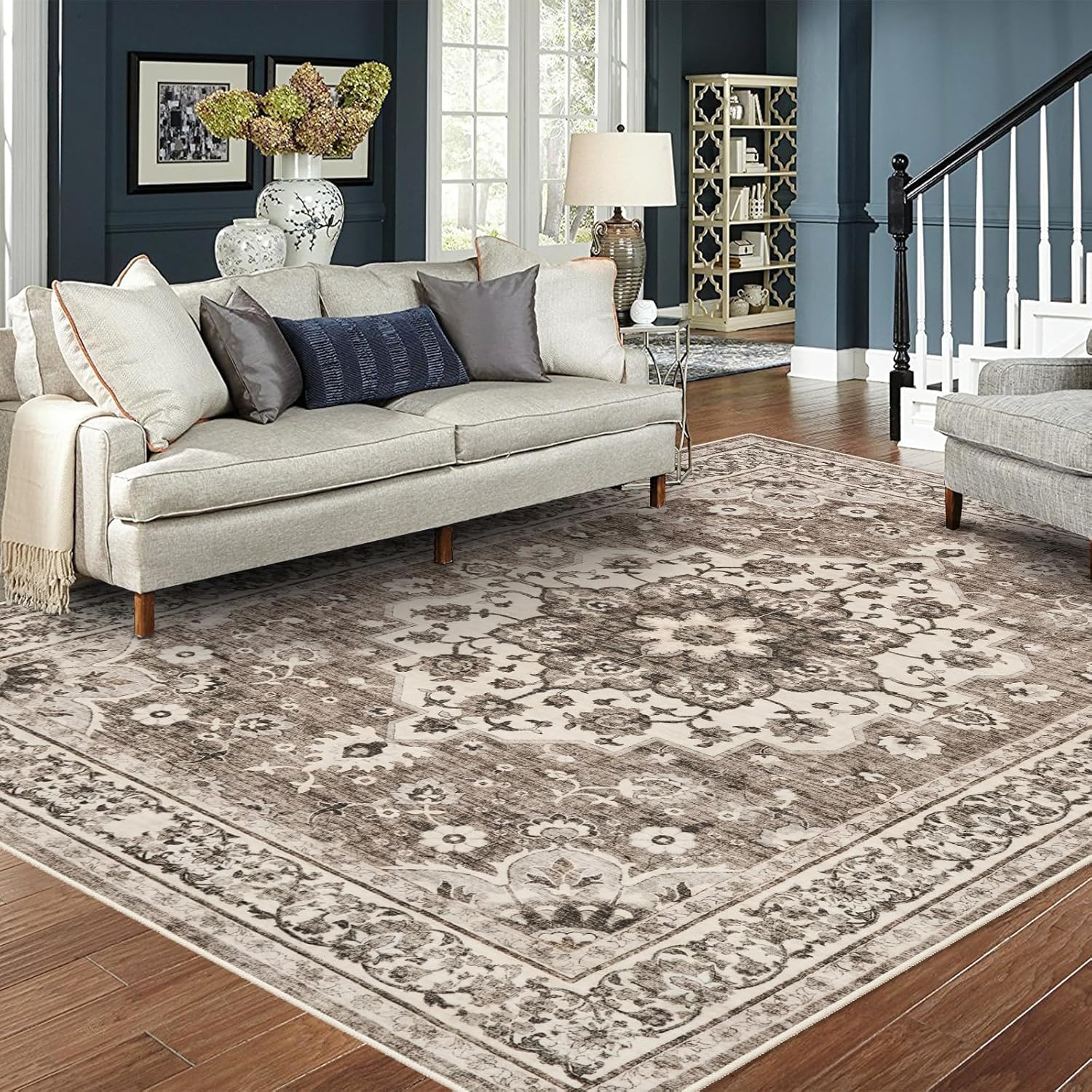 Washable Oriental Area Rug - 8x10 Rugs for Living Room Soft Carpet for Bedroom Waterproof Floral Distressed Indoor Stain Resistant Non-Shedding Floor Carpets (Beige, 8x10) 8' x 10' (Rectangular) Beige