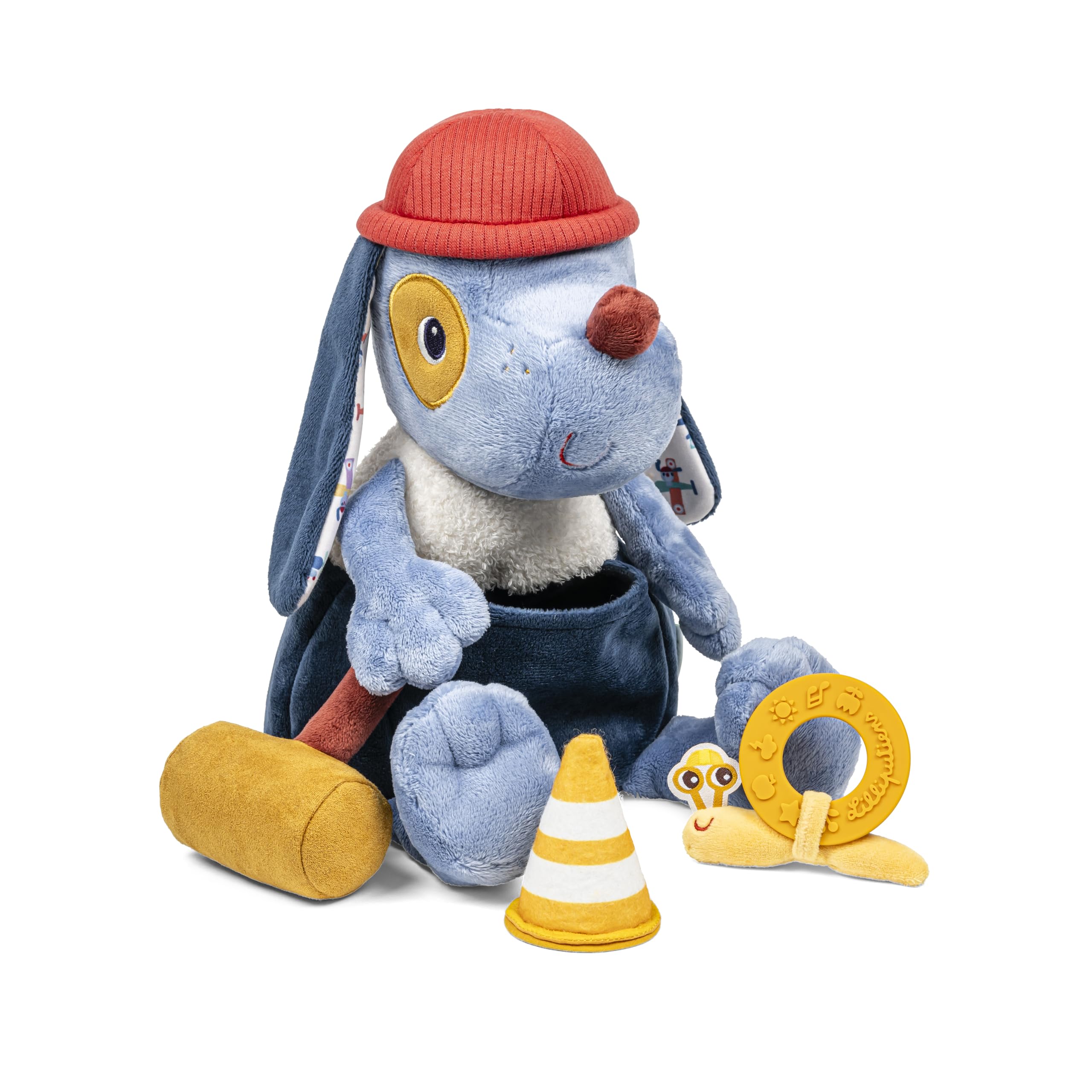 Lilliputiens - Jules the Dog Activity Plush Toy - Baby Development Toy with Sounds, Textures and Accessories - Stimulates Motor Skills and Imagination - Ages 9 months and up - Blue - 26 cm - 83608