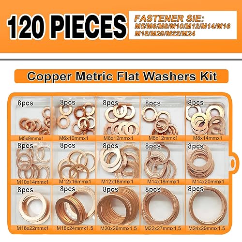 Miniatura 2 de Kit de surtido de arandelas de cobre, arandelas planas trituradas para tapones de aceite, tapones de drenaje, pernos banjo, juego de arandelas de