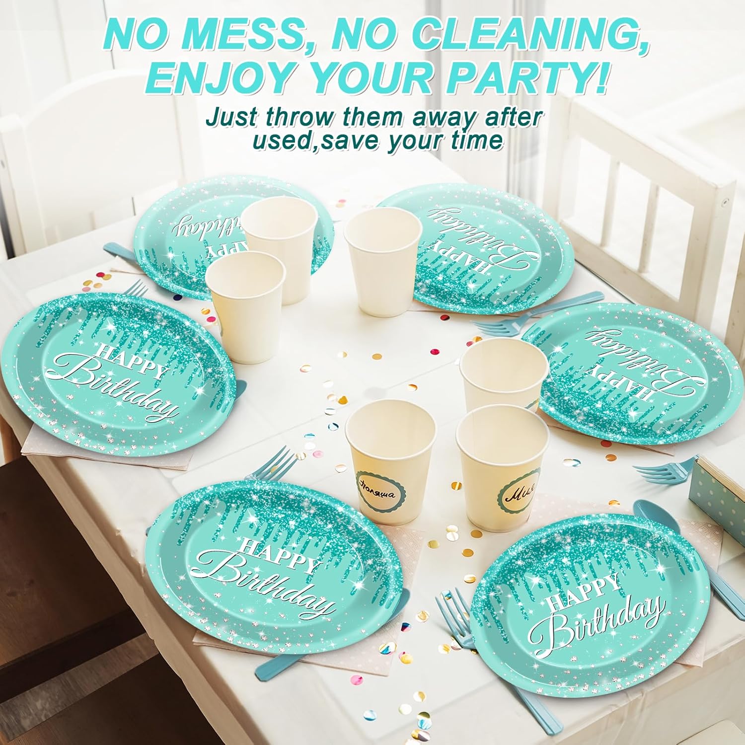 50Pcs Teal and Silver Birthday Oval Paper Plates 11Inch Large Blue Glitter Diamonds Platters Happy Birthday Party Decors Heavy Duty Dish Tray for Girls Women Birthday Gathering Tableware Set Supplies