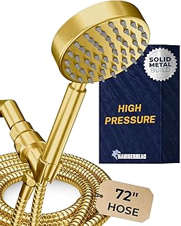 HammerHead Showers® Solid Metal Handheld Shower Head with Hose and Brass Holder - BRUSHED GOLD - 2.5 GPM High Pressure Shower Heads with Adjustable Shower Wand Bracket - 6ft Flexible Extension