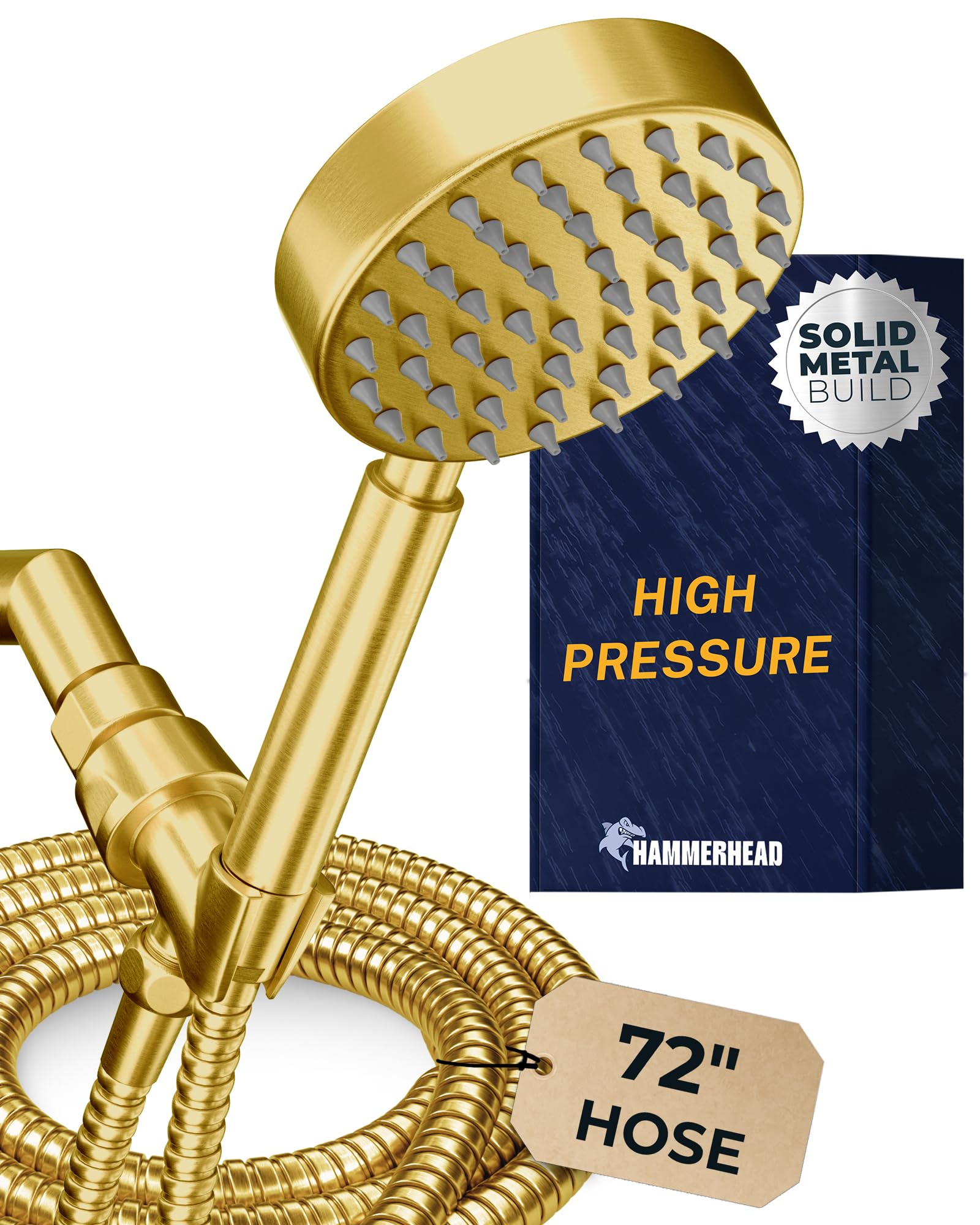 HammerHead Showers® ALL METAL Handheld Shower Head with Hose and Brass Holder - BRUSHED GOLD - 2.5 GPM High Pressure Shower Heads with Adjustable Shower Wand Bracket - 6ft Flexible Extension