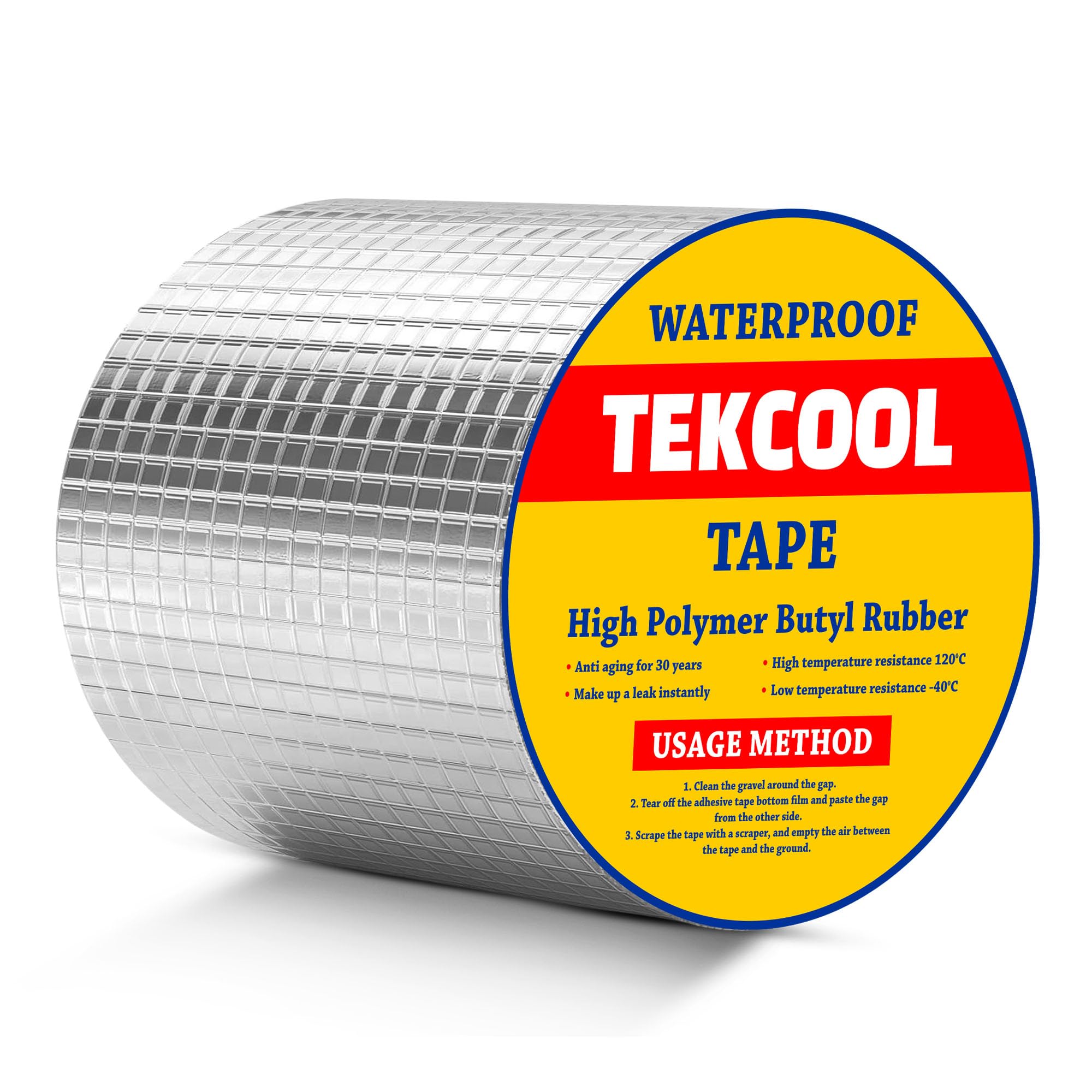 TEKCOOL Super Strong Adhesive Waterproof Permanent Repair Aluminum Butyl Tape Rubber Foil Suitable for Roof Leak, surface Crack, Window Sill Gap, Boat Sealing, Home (10CM*5M (Pack Of 1)) Silver