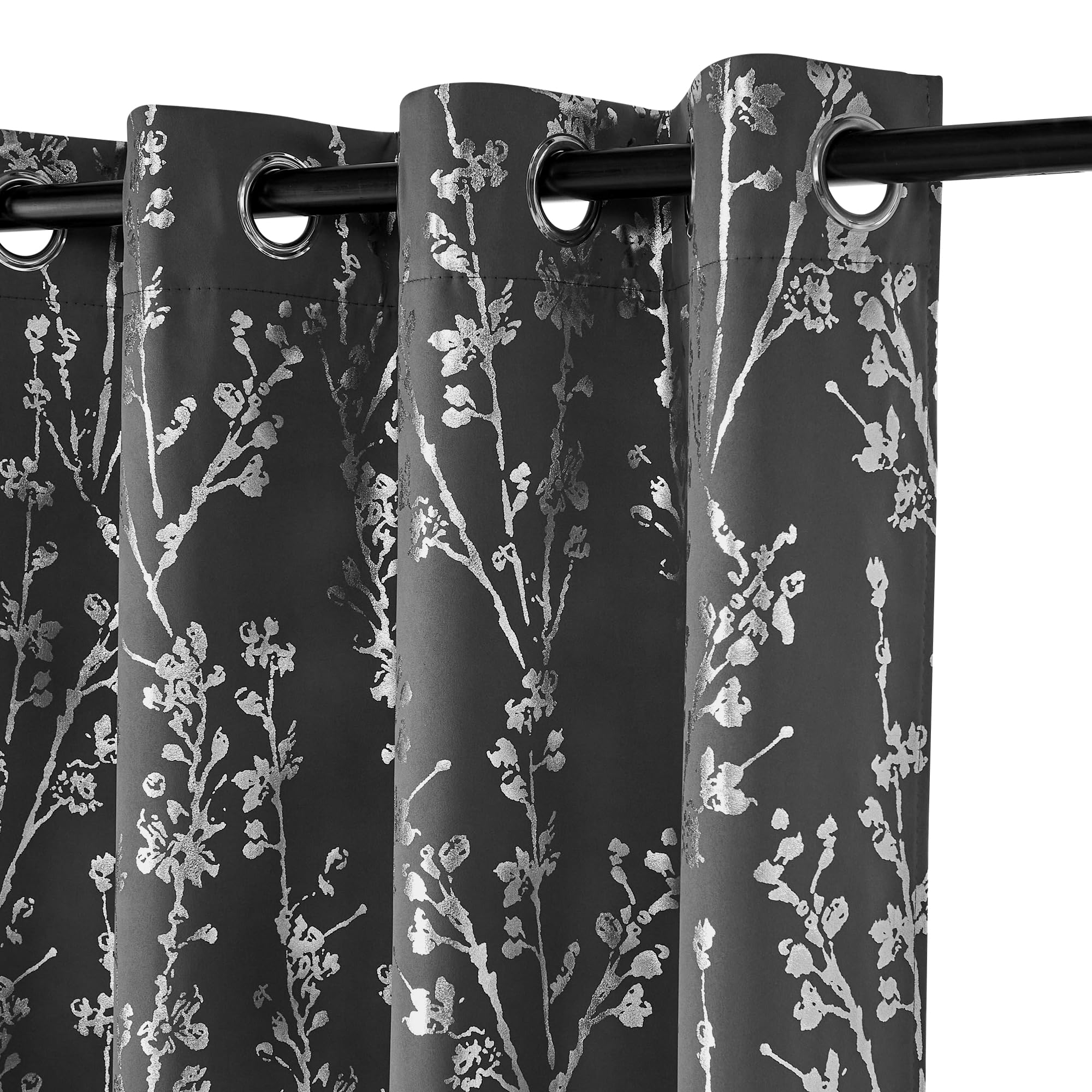 PONY DANCE 100% Grey Blackout Floral Curtains for Bedroom 54 inch Drop Eyelet Curtains for Living Room Tree Branch Foil Silver Thermal Insulated Window Drapes