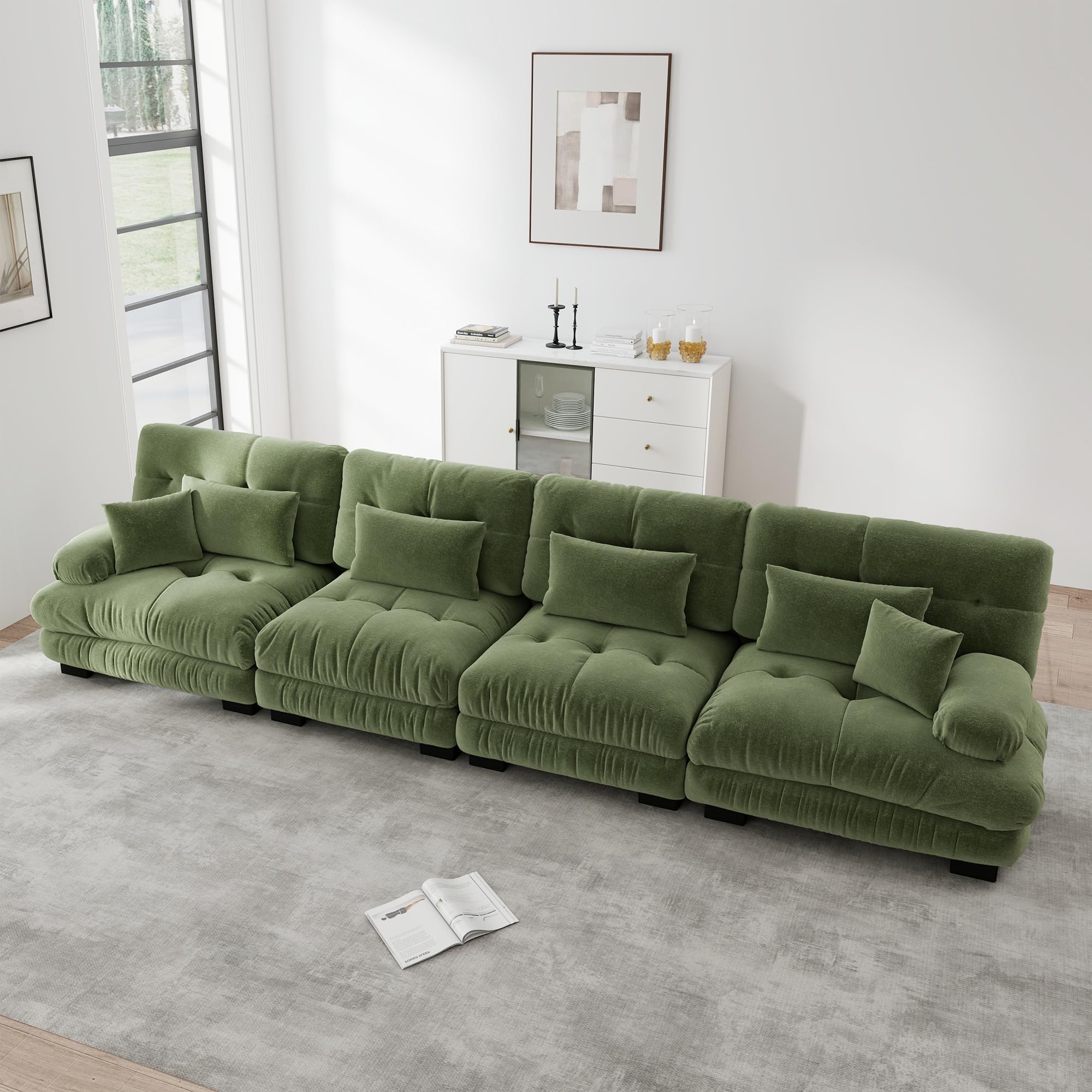 Sofá esquinero modular de 4 plazas, color verde, asiento extra profundo, sofá cama acolchado, funda de chenilla, cómodo para familias numerosas y habitaciones