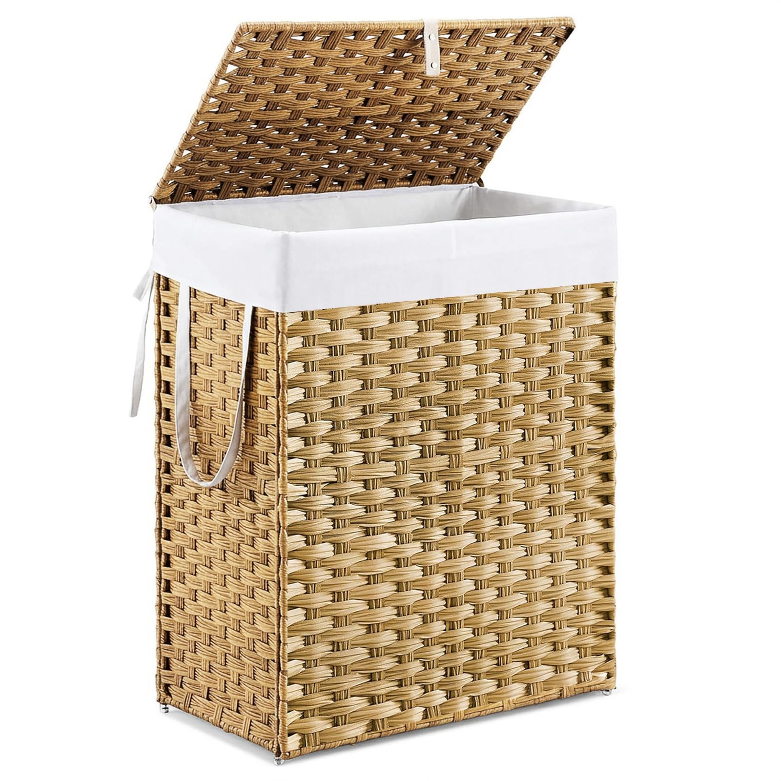 dumos woven laundry basket with lid, 90l large capacity hamper, removable & machine-washable liner, foldable rattan clothes hamper, sturdy steel frame, odor control, goose yellow