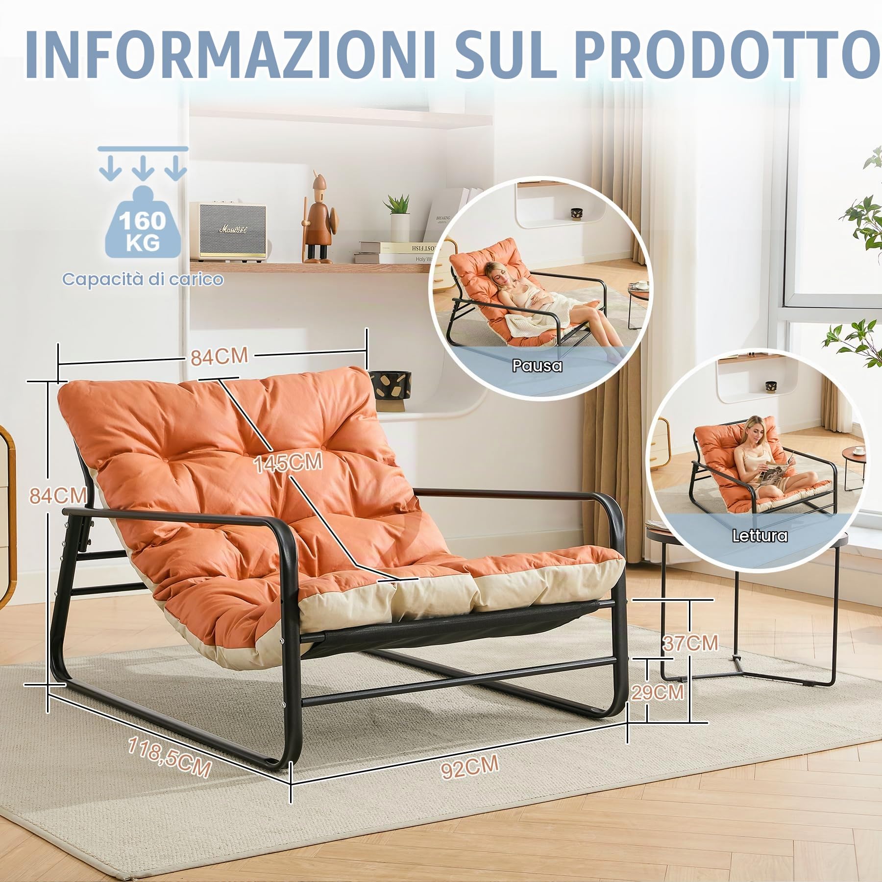 Poltrona soggiorno, sedia da giardino con cuscino girevole, giardino, sdraio, balcone, mobili in acciaio, sedia imbottita per 2 persone, sedia da giardino, per esterni, sedia relax, balcone