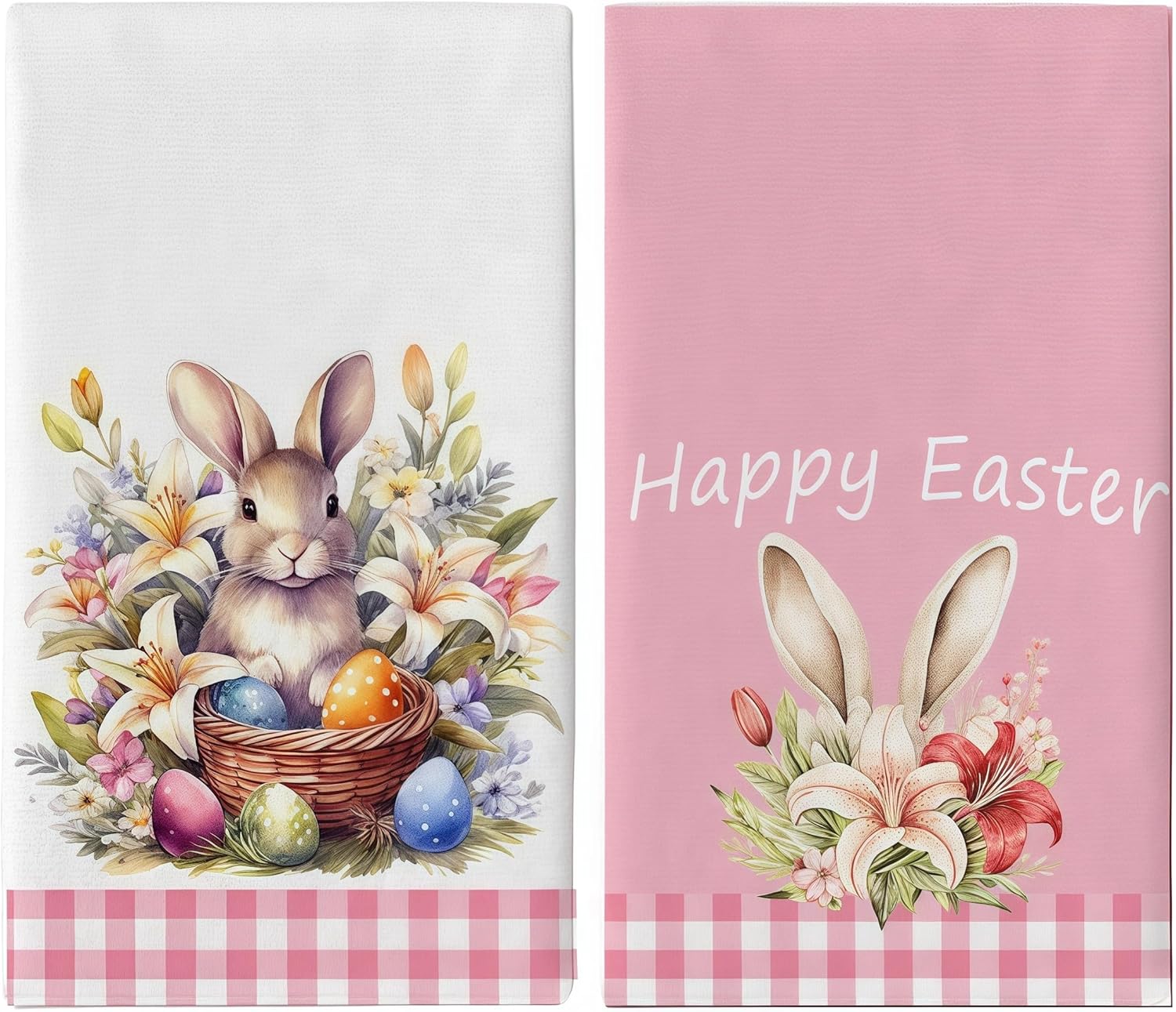 2-Pack Easter Dish Towels - Bunny & Egg Printed Kitchen Towels Set (18"x26"), Reusa...