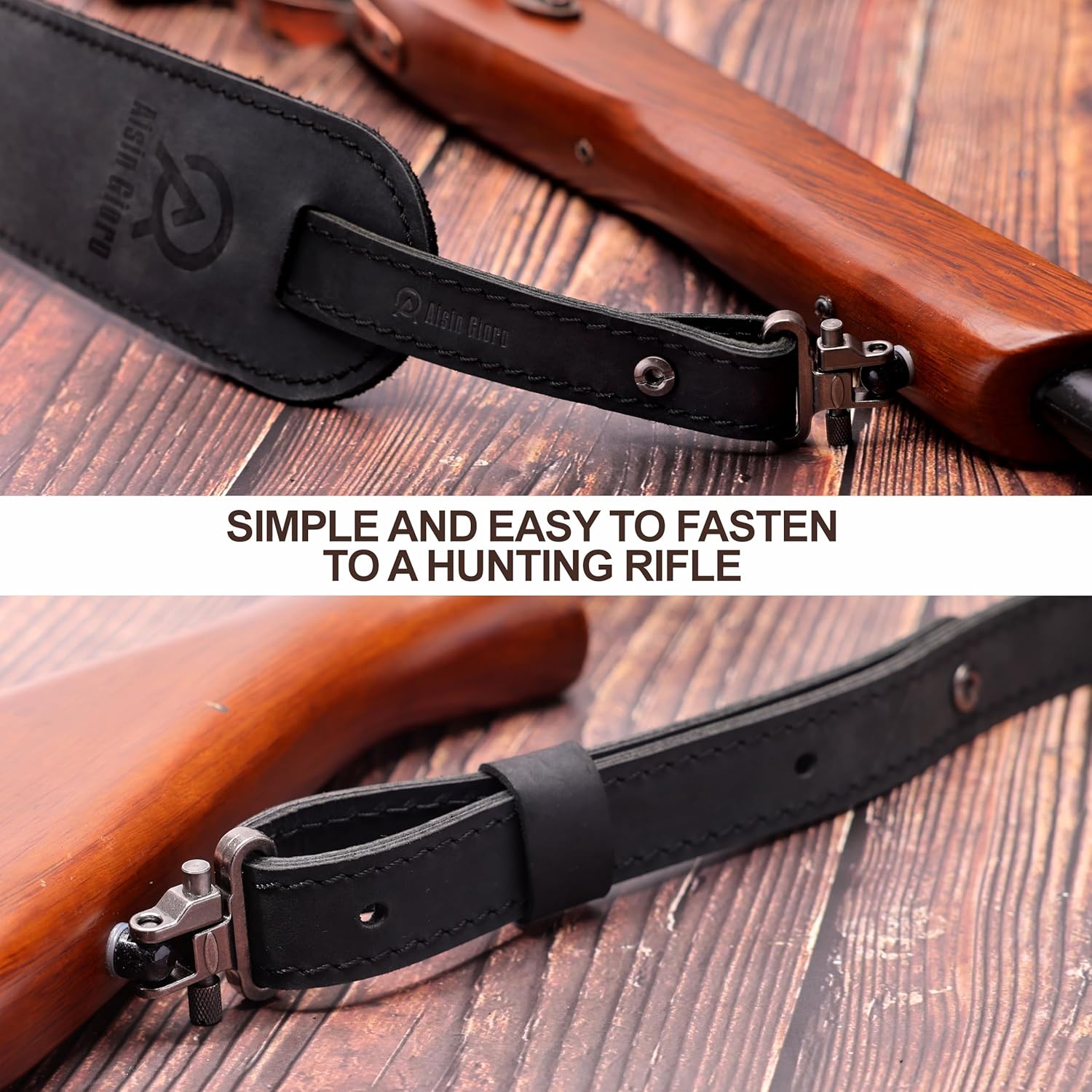Aisin Gioro Rifles Slings, 2.5" Wide Double Layer Crazy Horse Cowhide Leather Gun Sling Adjustable Replacement with Gun Sling Swivels(Black Leather)