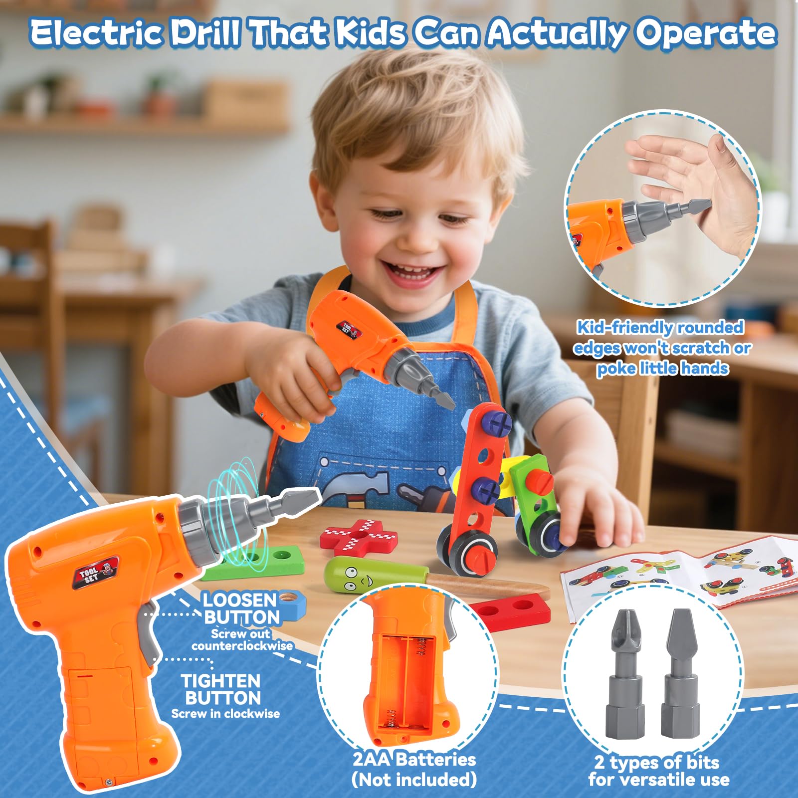 Kids Tool Set with Drill, Educational Montessori Toys for 3+ Year Old Boys 44 Pcs STEM Kids Toys Wooden Toddler Tool Set with Apron & Box Birthday Gift for 3 4 5 Year Old Boy Girl