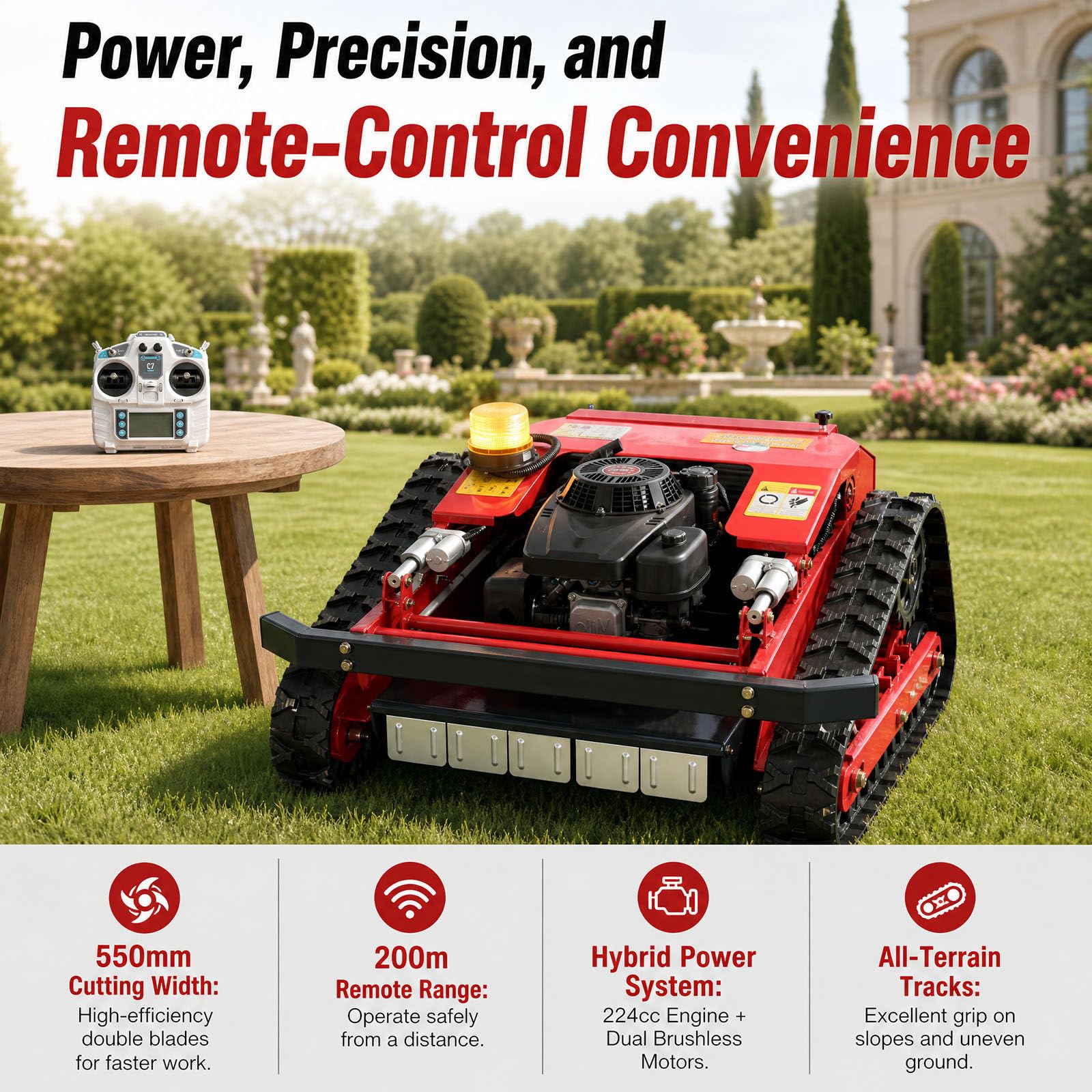 Cortacésped Oruga a Control Remoto – Motor De Gasolina 224 CC, Ancho De Corte 550 Mm, Capacidad De Pendiente 45°, Arranque Eléctrico + Arranque Manual, para Terrenos Empinados